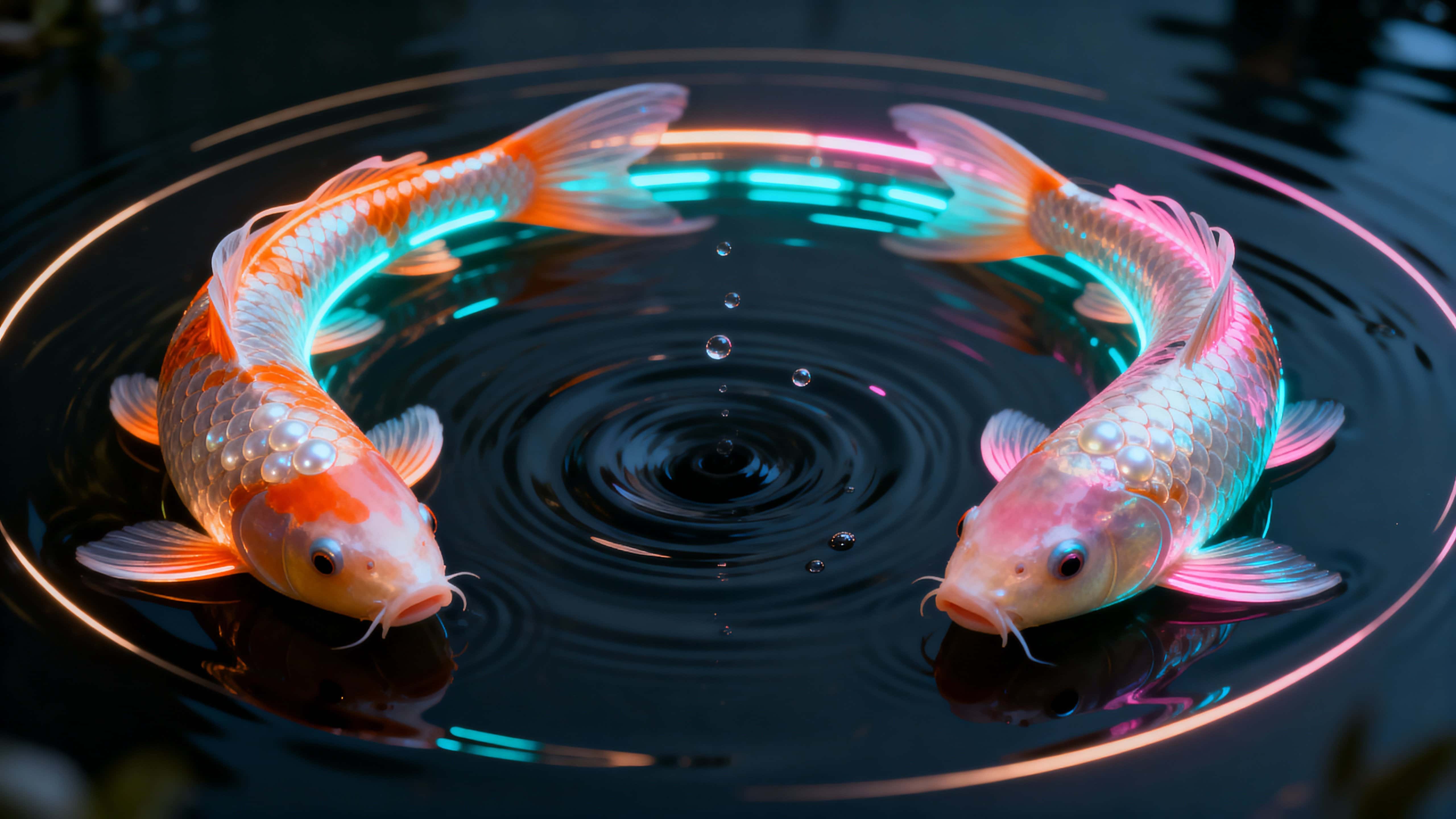 A ring of enamel-scaled koi arcs through an inky pool to form a luminous vortex of tranquil motion, with pearlescent scales, sheer ribbon fins, concentric wakes, and focused biolum bands in the center.