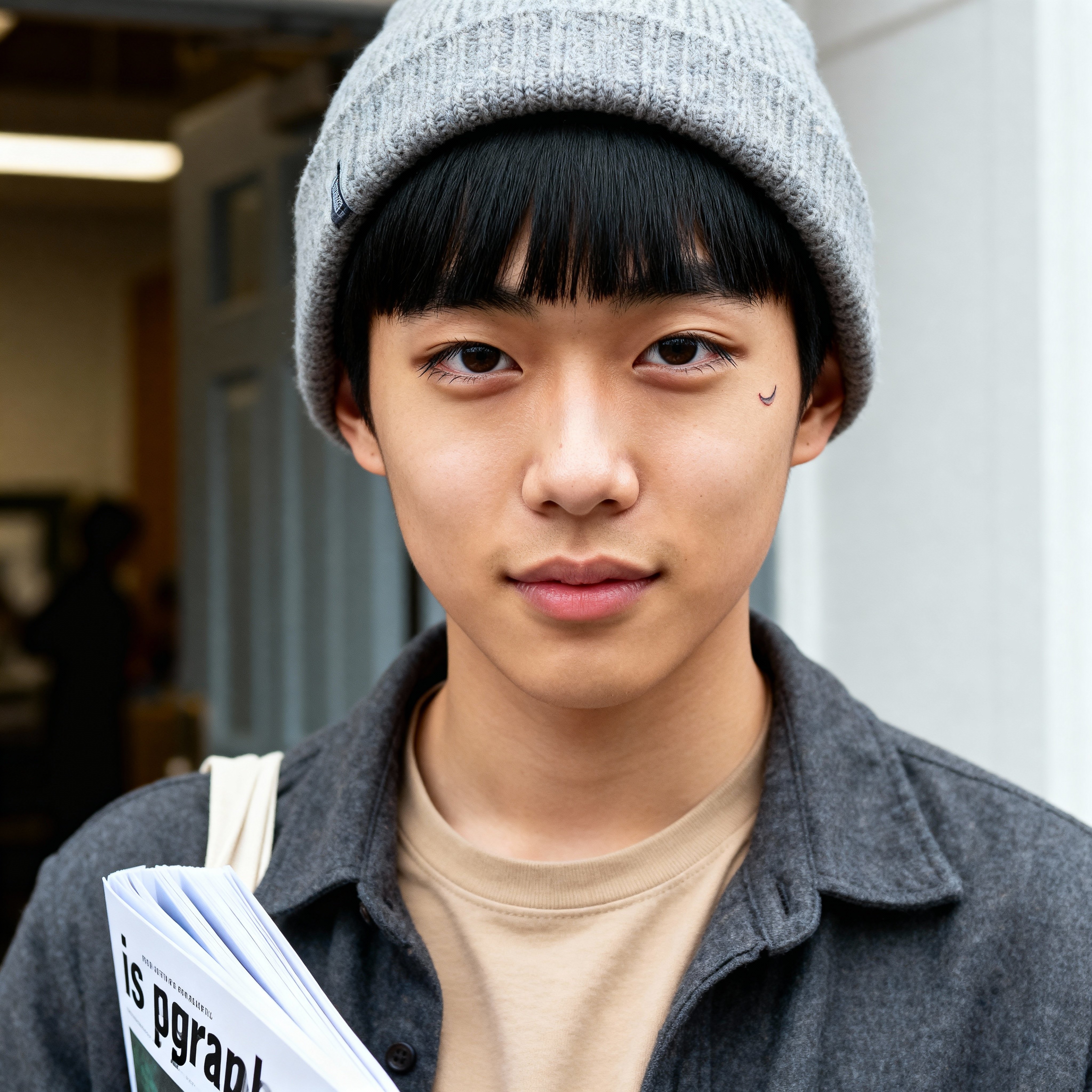18-year-old Korean American zine editor pauses outside a campus print studio in a head-and-shoulders editorial portrait with a slate overshirt (#2F4F6F), warm beige tee (#D6BFA6), light olive skin (#B7A57A), black hair (#000000) and a muted