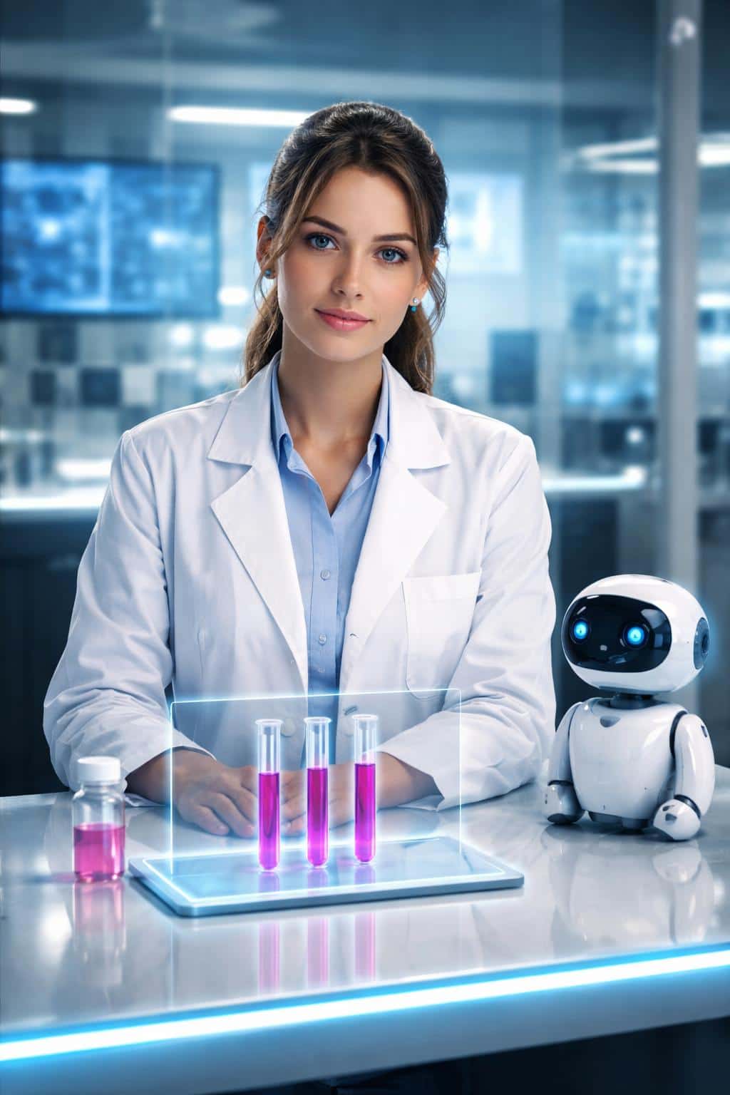 Female scientist in a neon-lit laboratory, photographed as an editorial portrait showing holographic test tubes and a companion robot, suitable for a poster-cover image.
