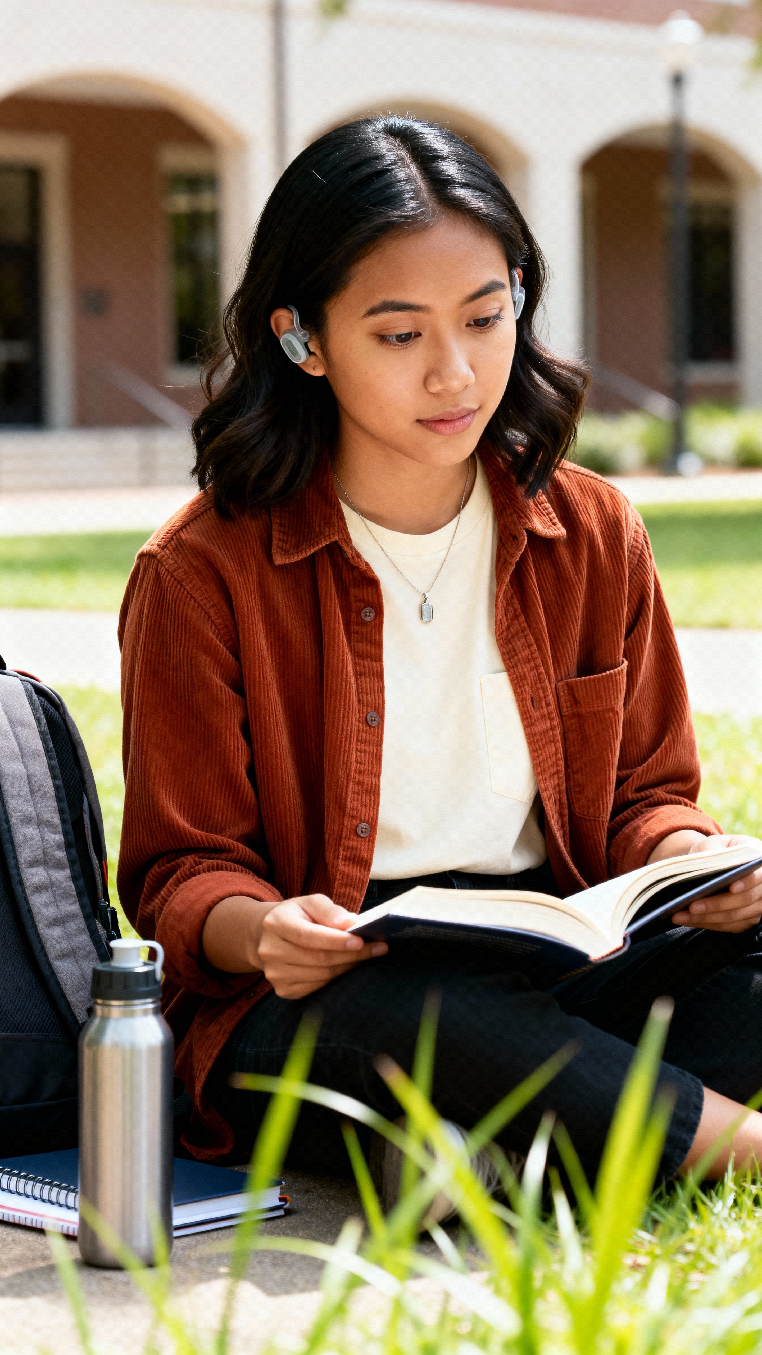 Lan, a Vietnamese American college student reads on a sunlit campus quad in a rust corduroy overshirt and cream tee, dark waves and light-medium skin framed by green grass and soft-gray architecture.