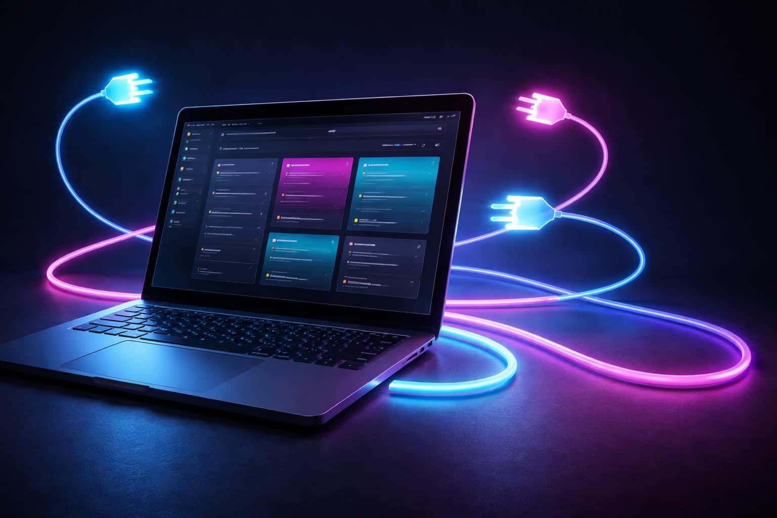 Single laptop 3D render in a neon-lit scene, faithful to the reference composition and 3:2 crop, with glowing cables, backlit keyboard, and deep navy background for wallpaper use.