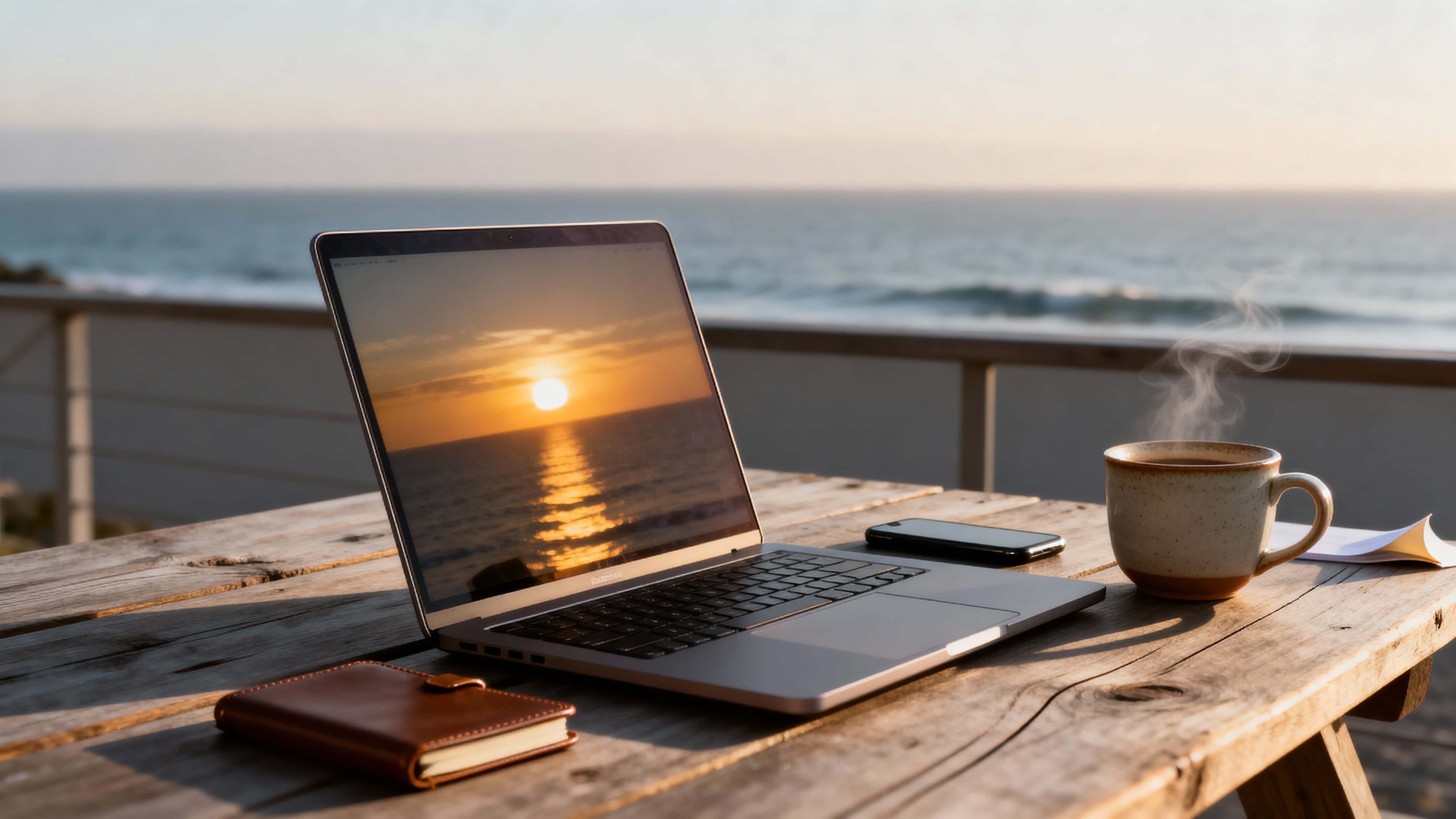 A minimal workspace with a modern laptop and coffee cup on a wooden table at sunrise by the ocean, warm golden light on the screen and horizon, evoking focused digital nomad inspiration and business calm visuals.