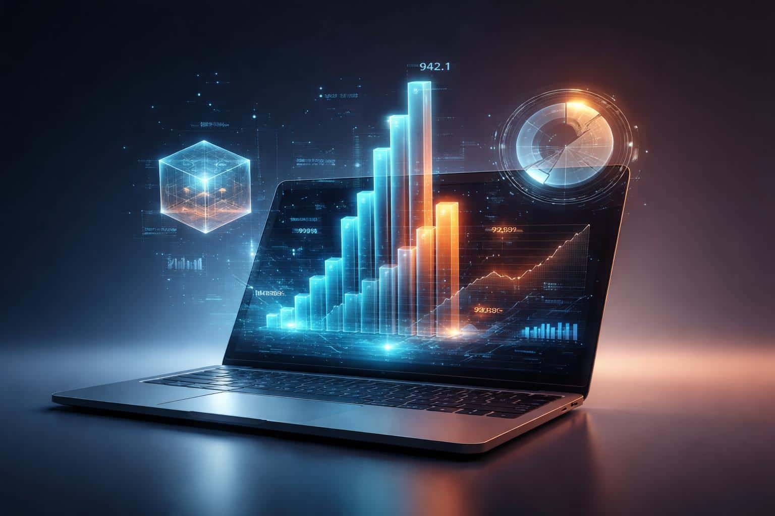 Laptop projecting realistic 3D financial models in a polished product-photography style, composed for a 3:2 poster-cover with clear crop guidance and studio lighting.
