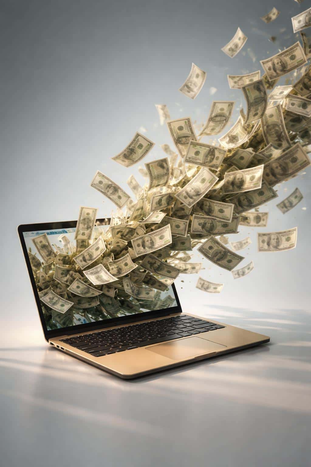 Staged product photograph of a laptop spilling US dollar bills into the air, shot as a vertical 2:3 composition for a poster-cover or wallpaper with dramatic, cinematic lighting and shallow depth.