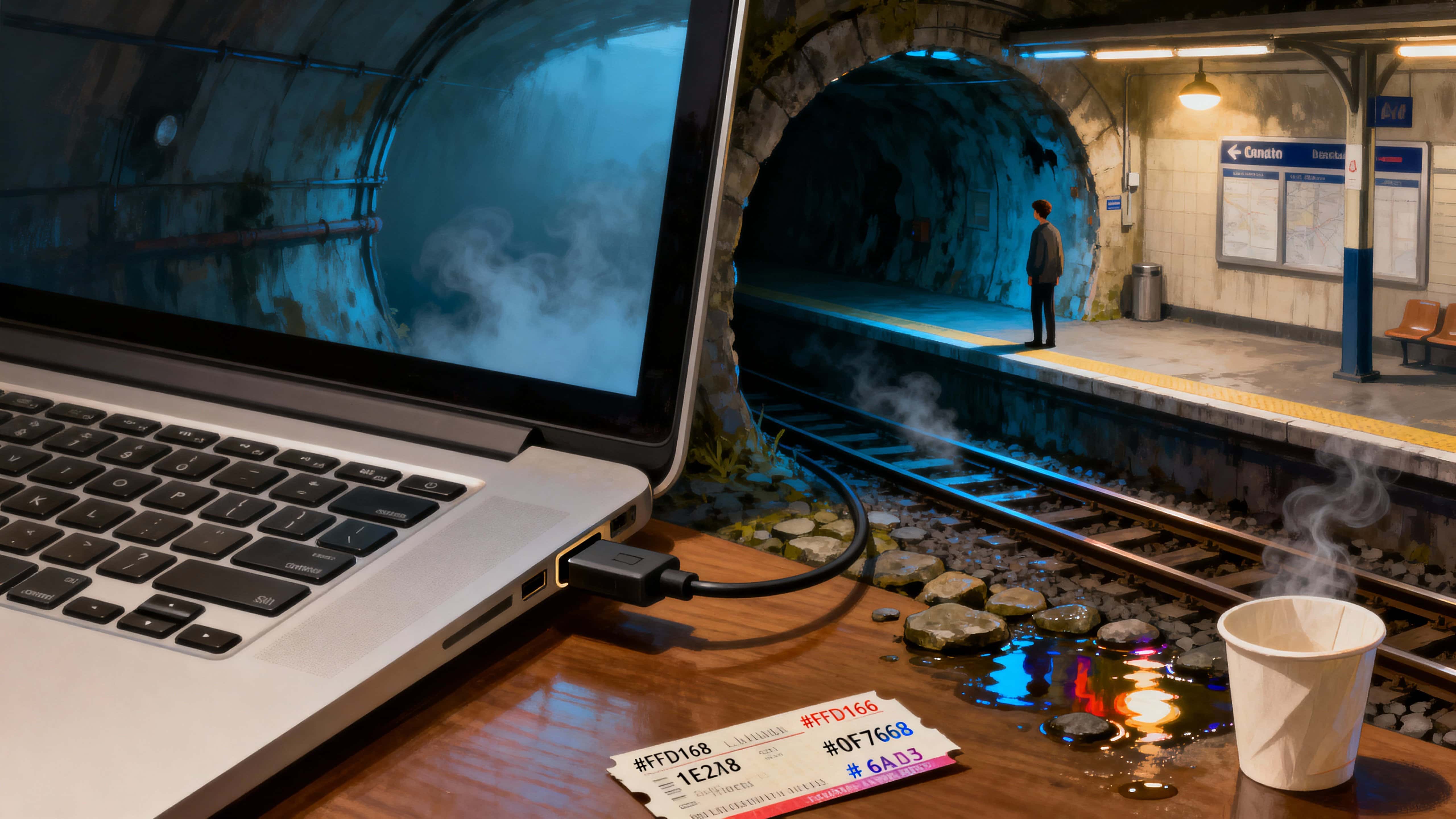 A laptop sits open on a desk with its USB port opening onto a tiny underground train station, glowing lights and a lone figure waiting at the platform in a quiet, surreal scene.