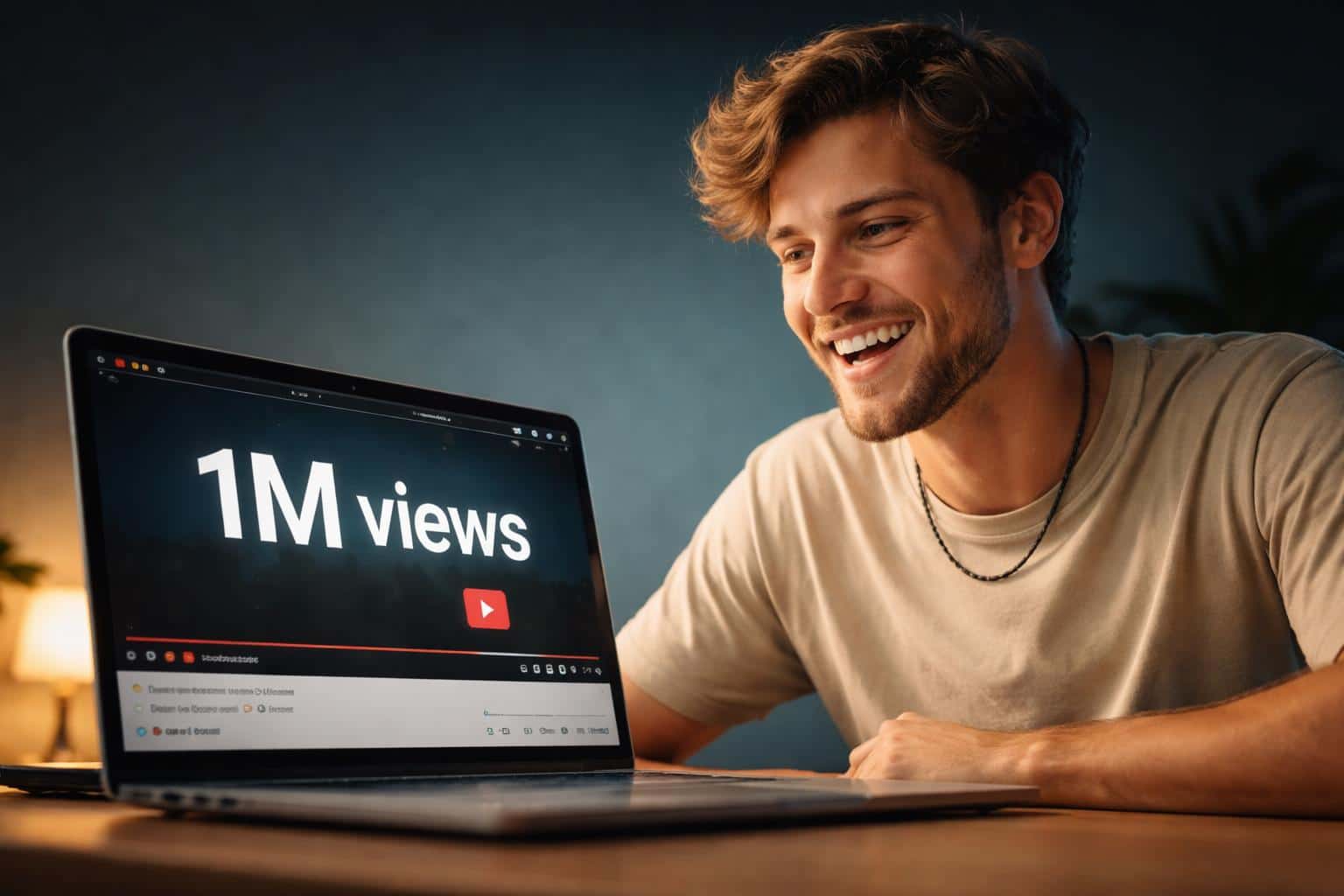 Editorial-style 3:2 composition of a laptop showing "1M views" with a smiling creator beside it, photographed for a social-post hero image with clean lighting.