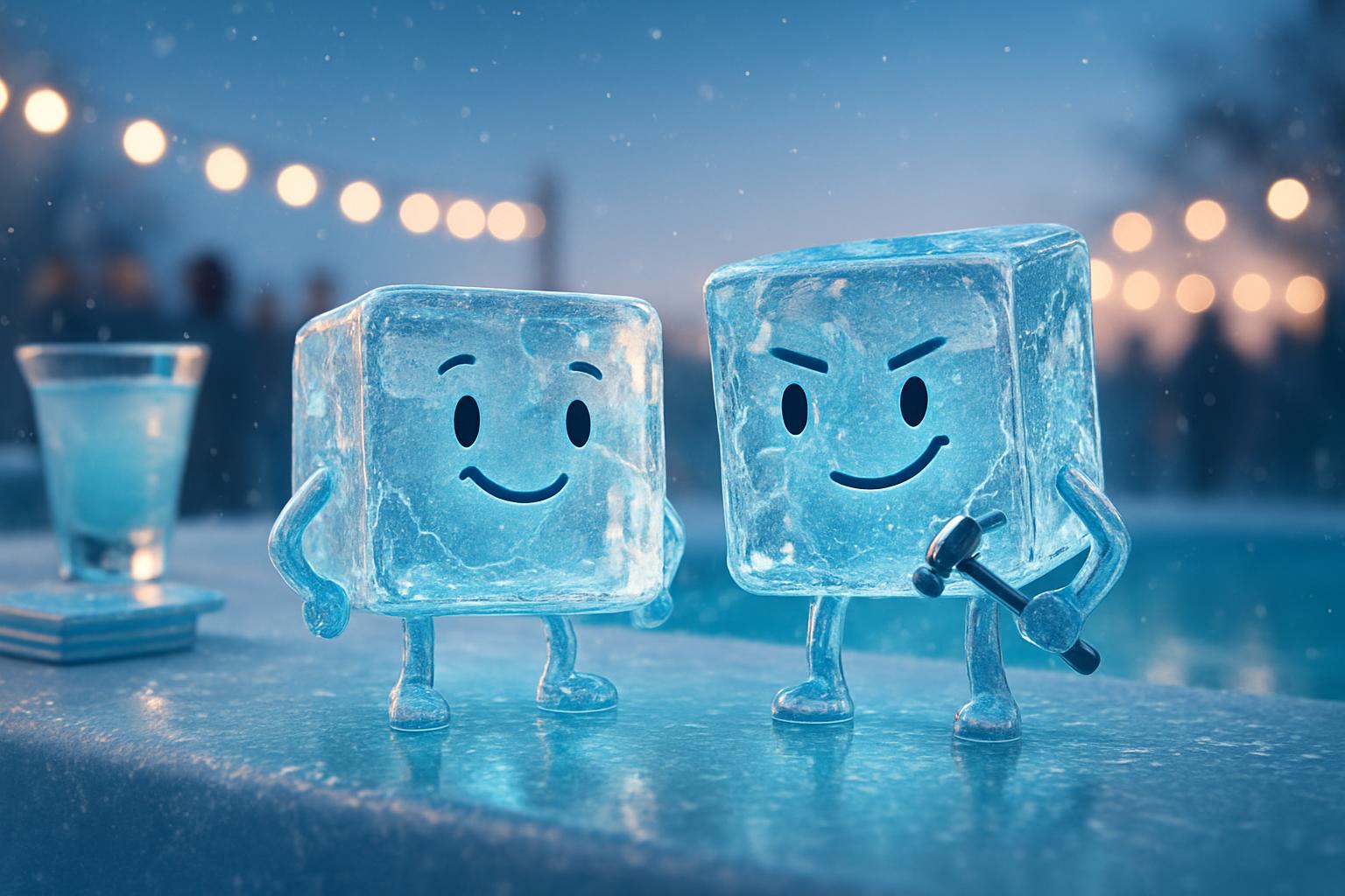 Two cartoon-faced ice cubes mingle at a frozen poolside party at chilly twilight; one smirks and fingers a tiny hammer, poised to 'break the ice' while guests twinkle in crystalline air. A playful, advertising-style scene blending 3D polish with whimsical character.