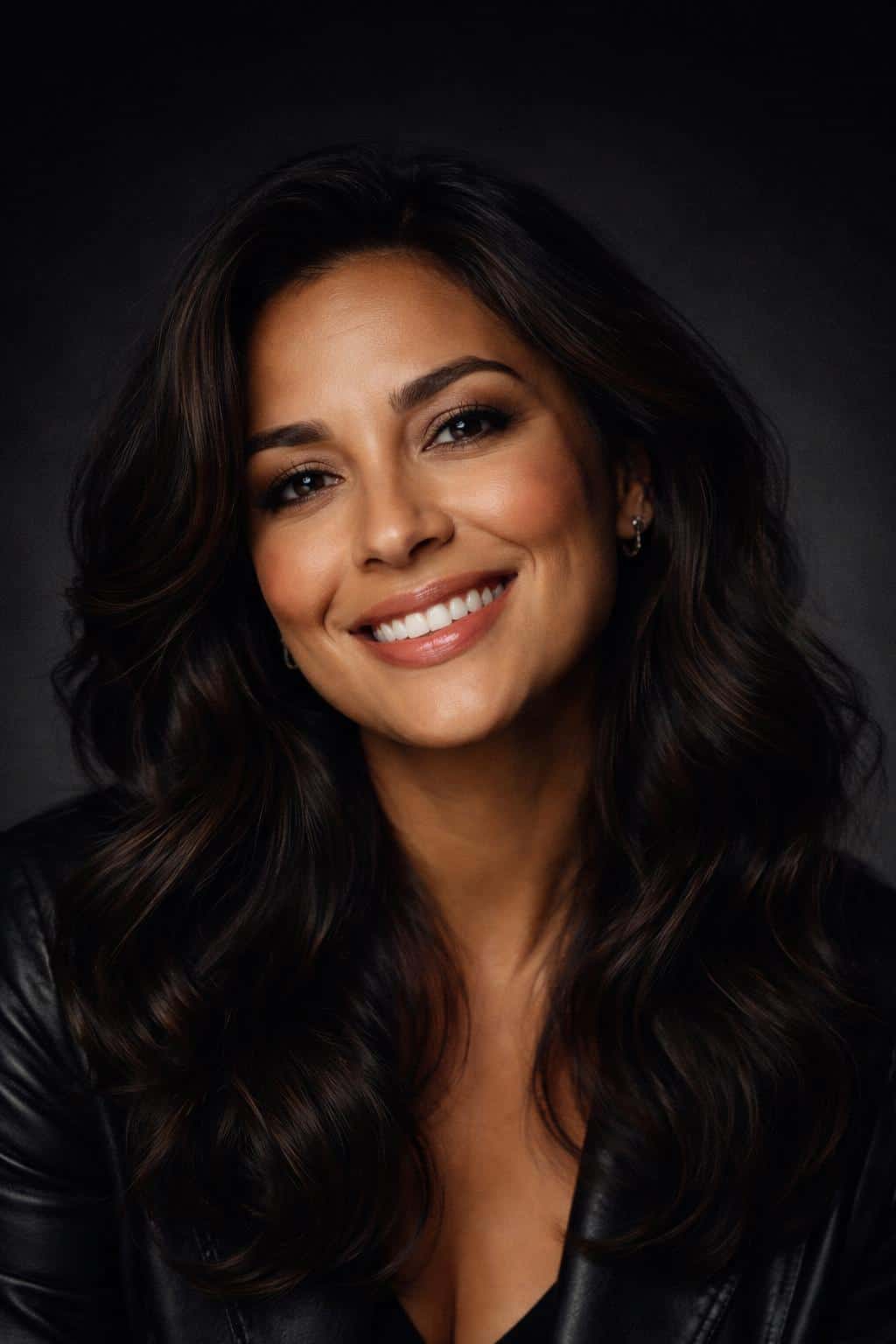 Close-up 2:3 editorial studio portrait of a smiling Latina woman in her early 40s with wavy dark hair, warm tan skin, amber highlights and cool charcoal shadows.