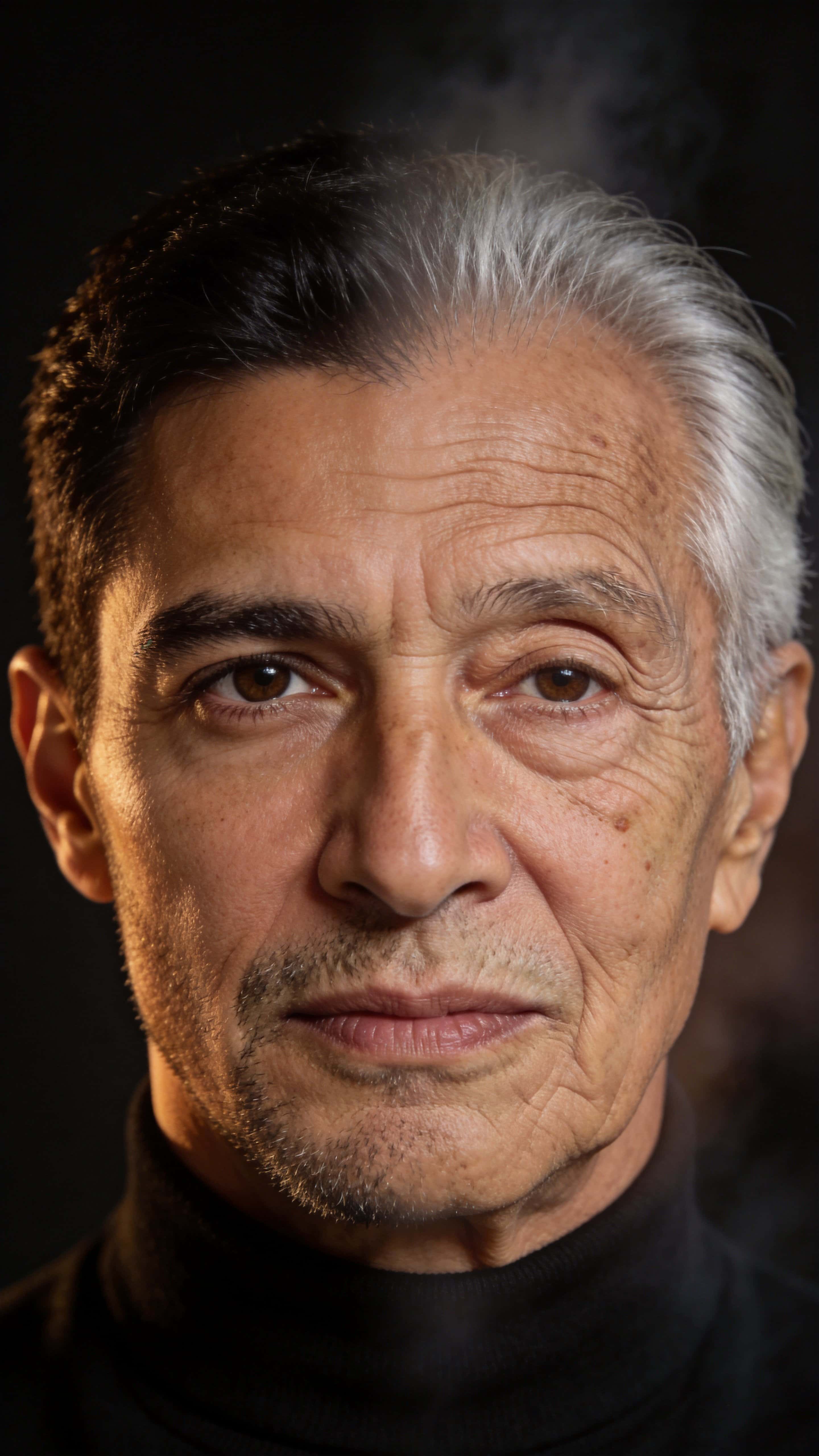 9:16 editorial portrait of a Latino man in his 30s with a seamless left-to-right age morph to his 80s, face/shoulders lower-middle, dark top third, matte black turtleneck, soft-lit warmth.