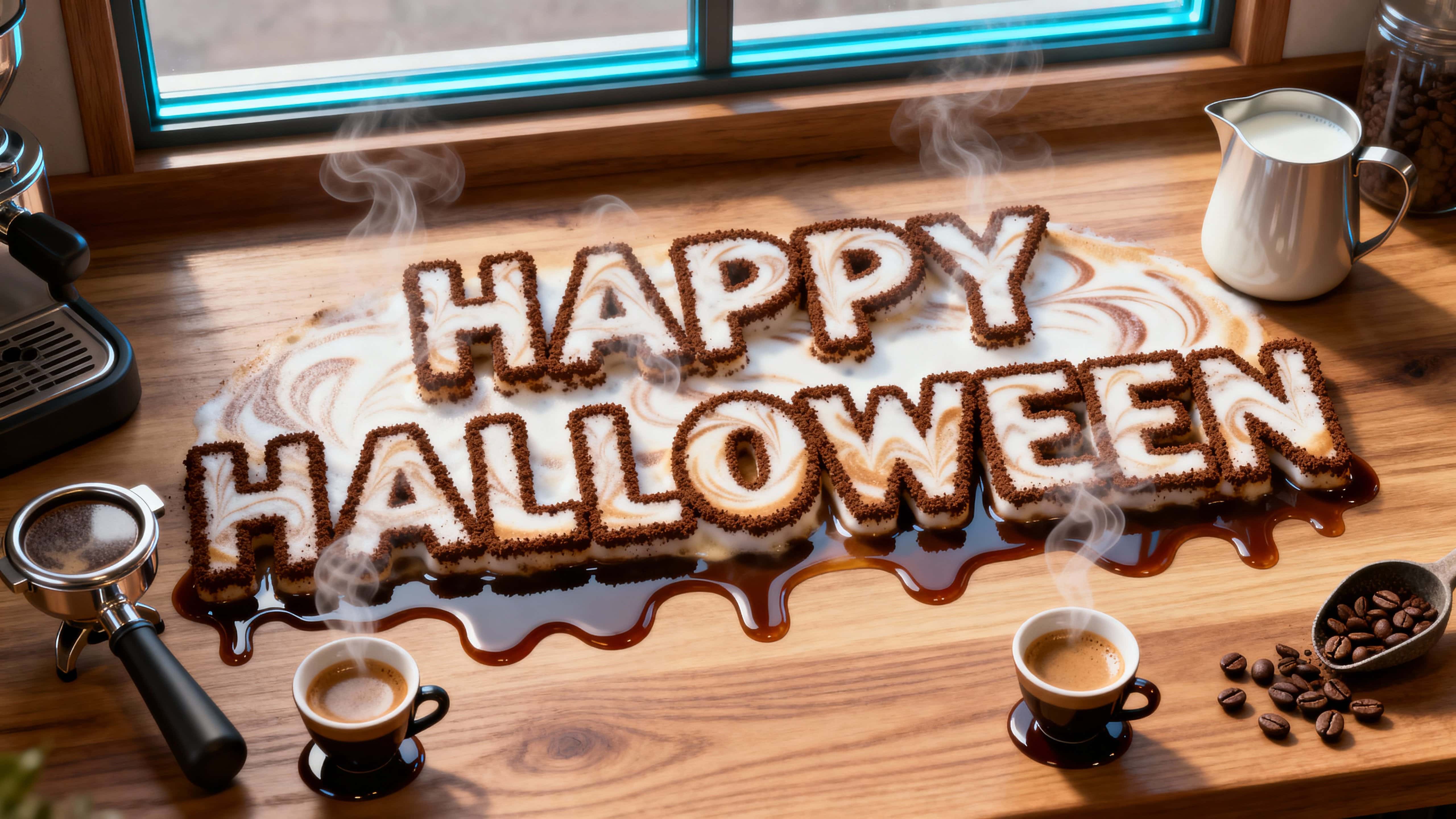 A photoreal 16:9 vignette of "HAPPY HALLOWEEN" in marbled latte-foam with cocoa-stencil edges and glossy espresso shadows on a warm-walnut counter, cool-blue window rim and soft ivory steam crossing the letters.