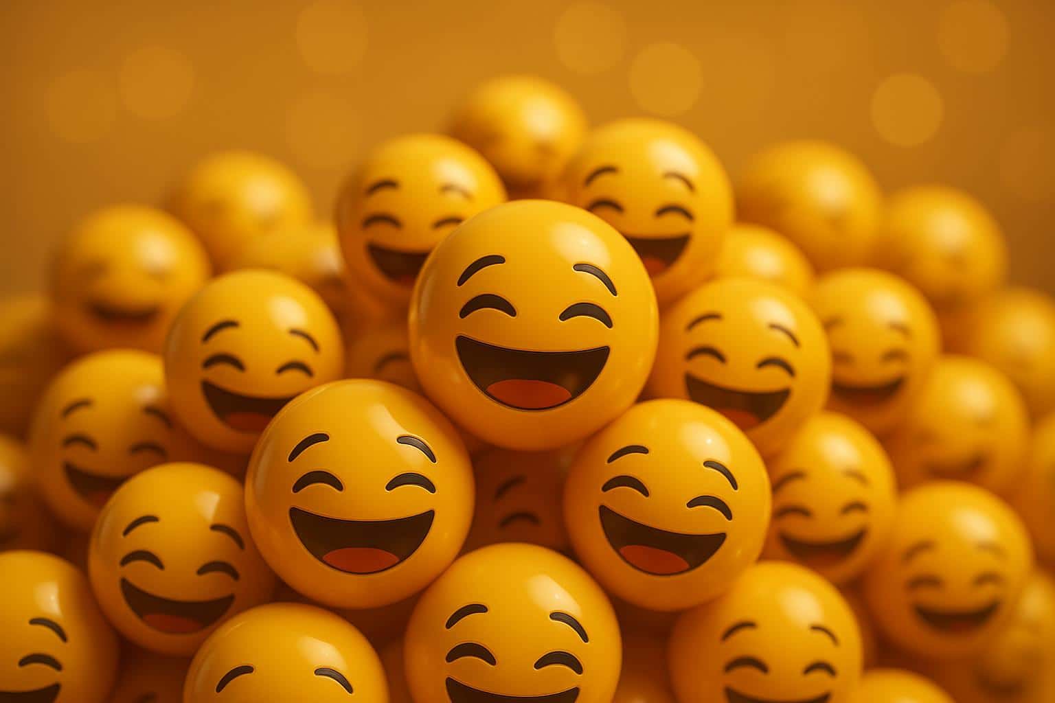 A polished 3D still of glossy laughing-emoji spheres in a dense, center-right overflowing cluster occupying two-thirds of a 3:2 frame, with warm amber-to-gold highlights and soft bokeh background.
