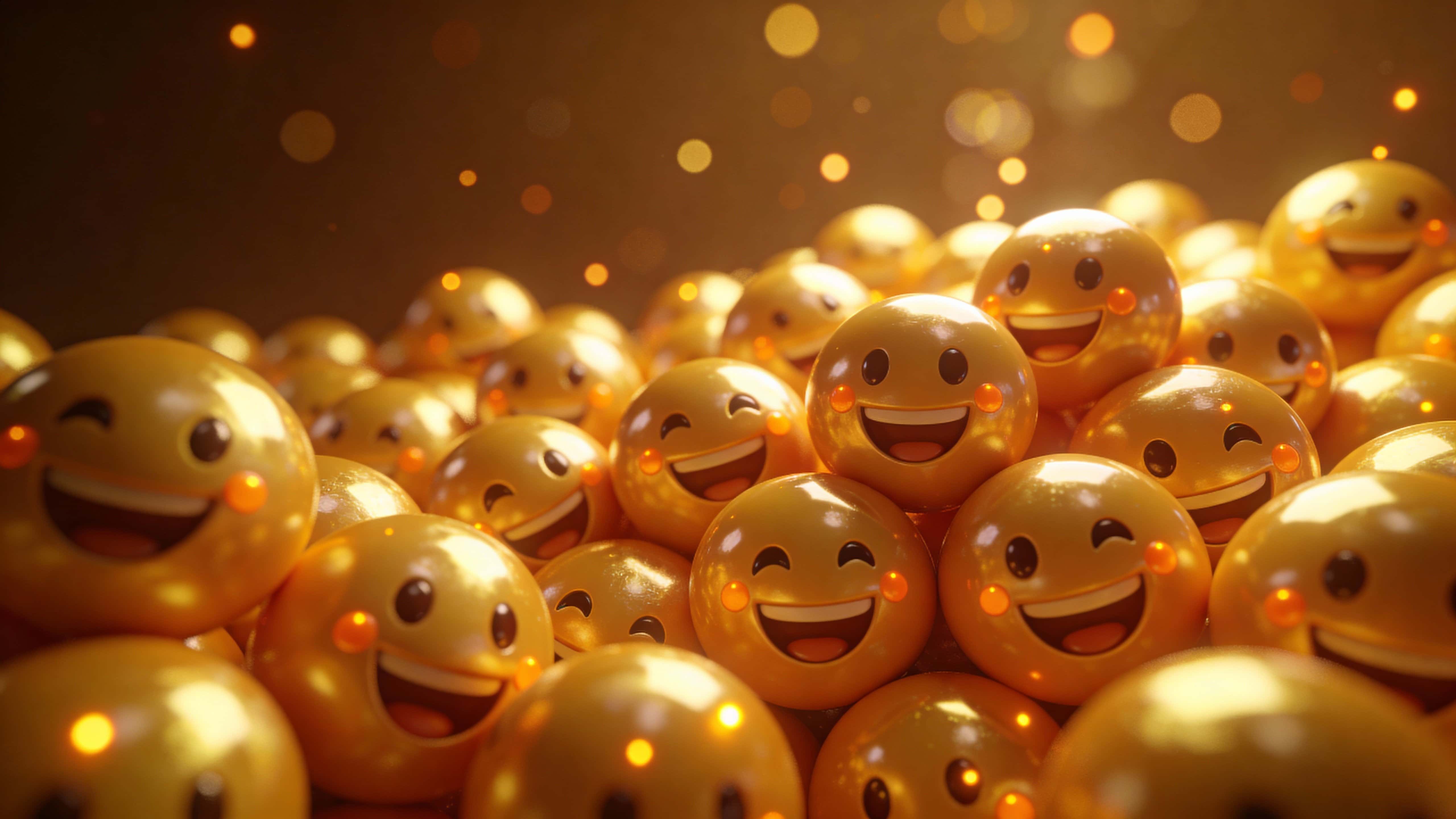 Glossy plastic laughing emoji spheres form an overflowing center-right cluster filling two-thirds of a 16:9 frame with warm golden highlights, soft upper bokeh, and shallow depth of field.
