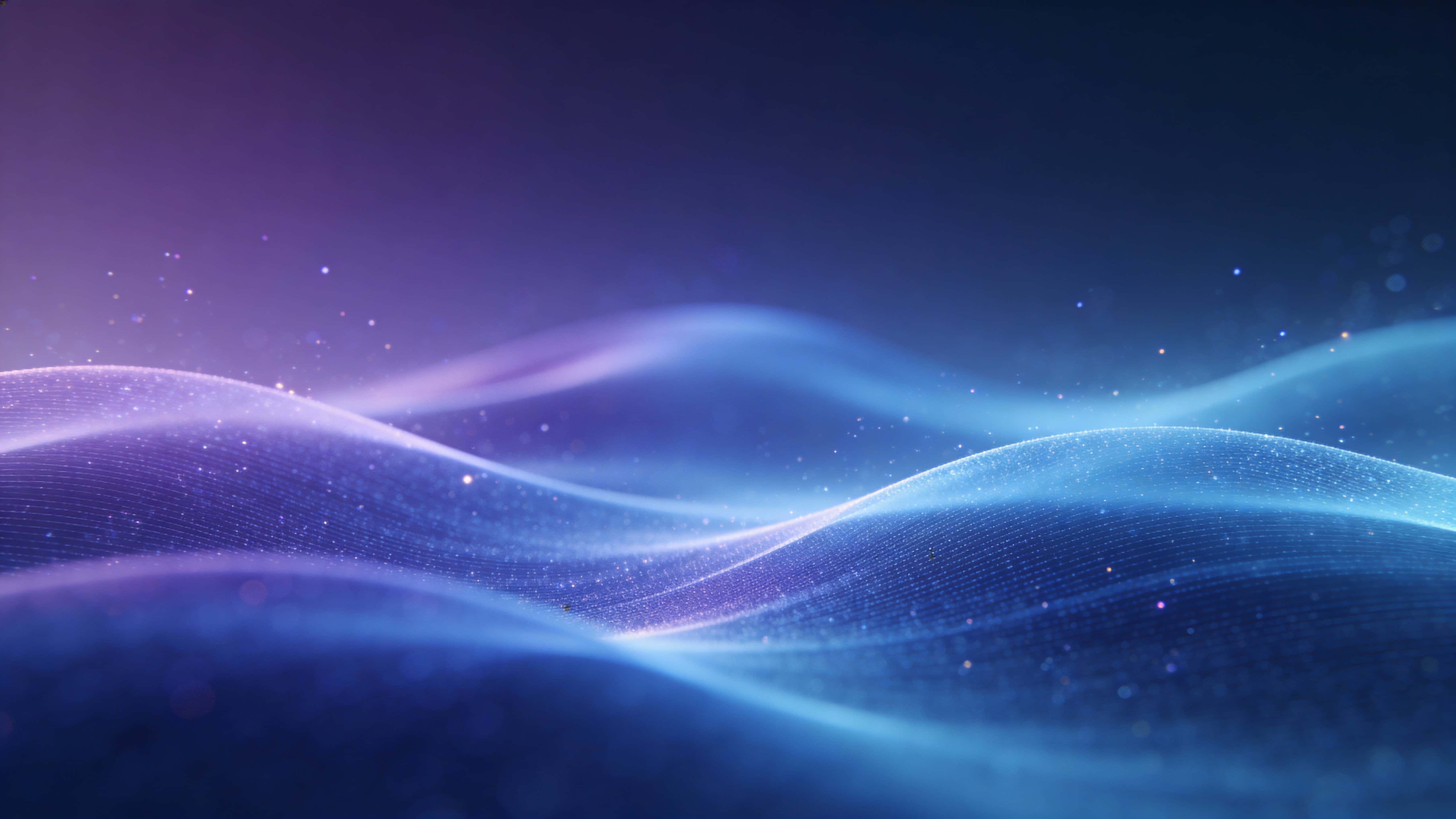 A serene horizontal spread of lavender and cool blue energy waves with gentle overlapping curves, drifting shimmering particles, and a subtle violet-to-midnight-blue gradient background.