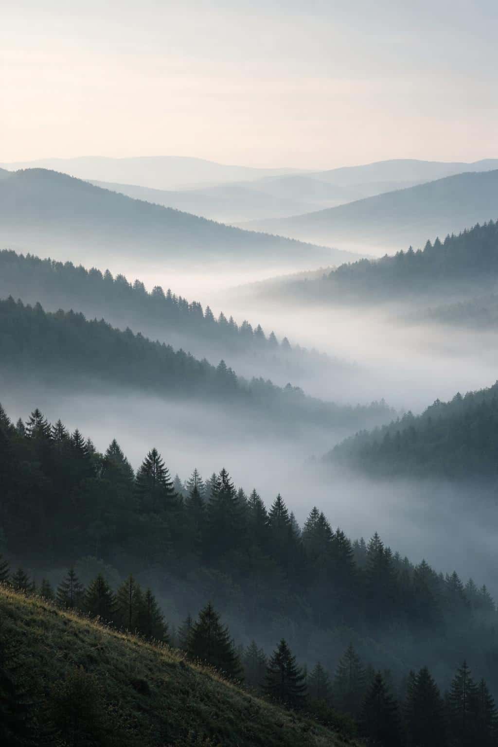 Layered hills shrouded in soft morning mist, composed as a vertical 2:3 landscape wallpaper with deep tonal gradients, broad negative space, and tranquil mood.