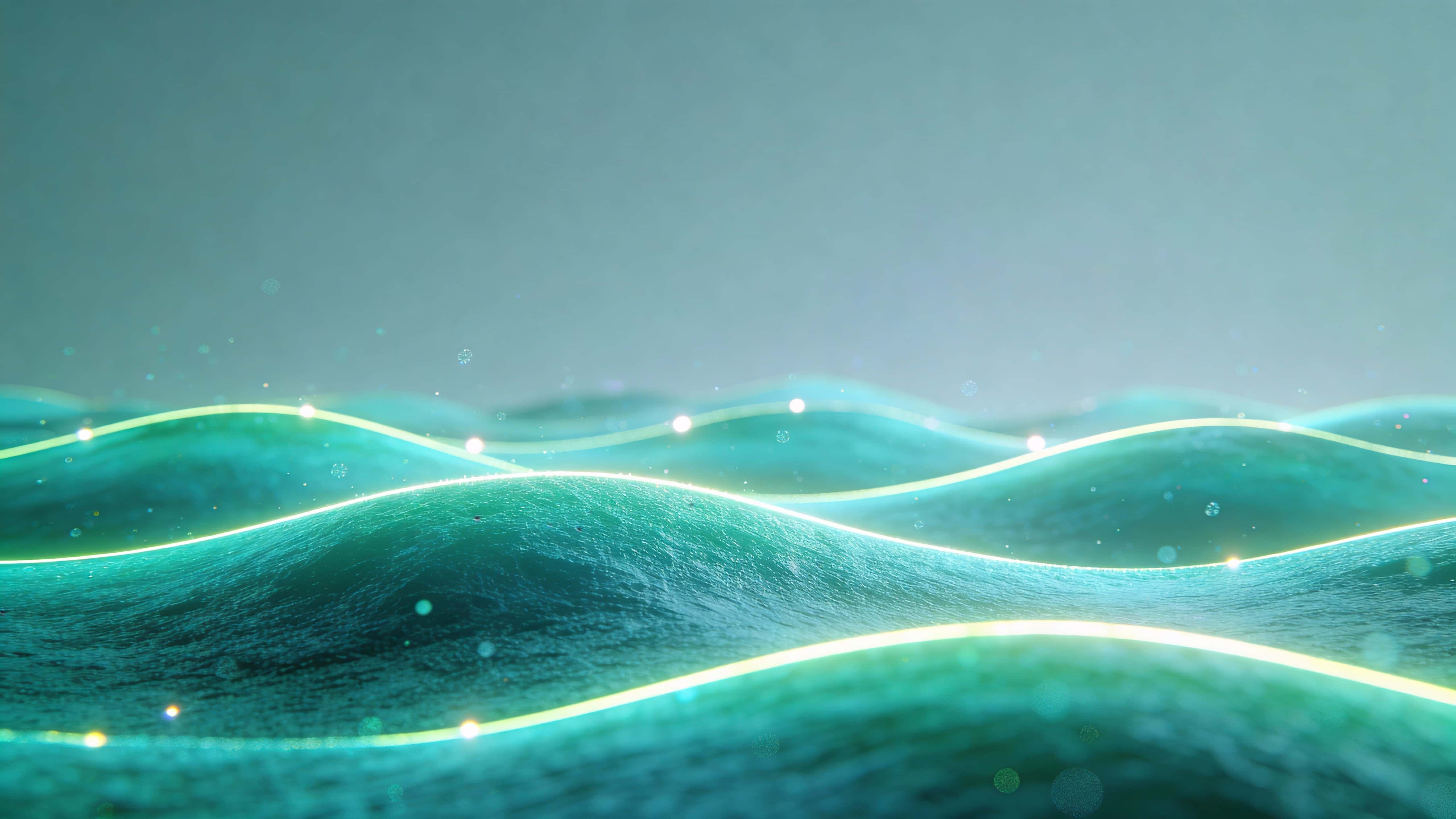 A low-angle panoramic field of layered turquoise and jade waves with thin glowing outlines and drifting particles, crisp foreground textures, and a muted cool background with empty top third.