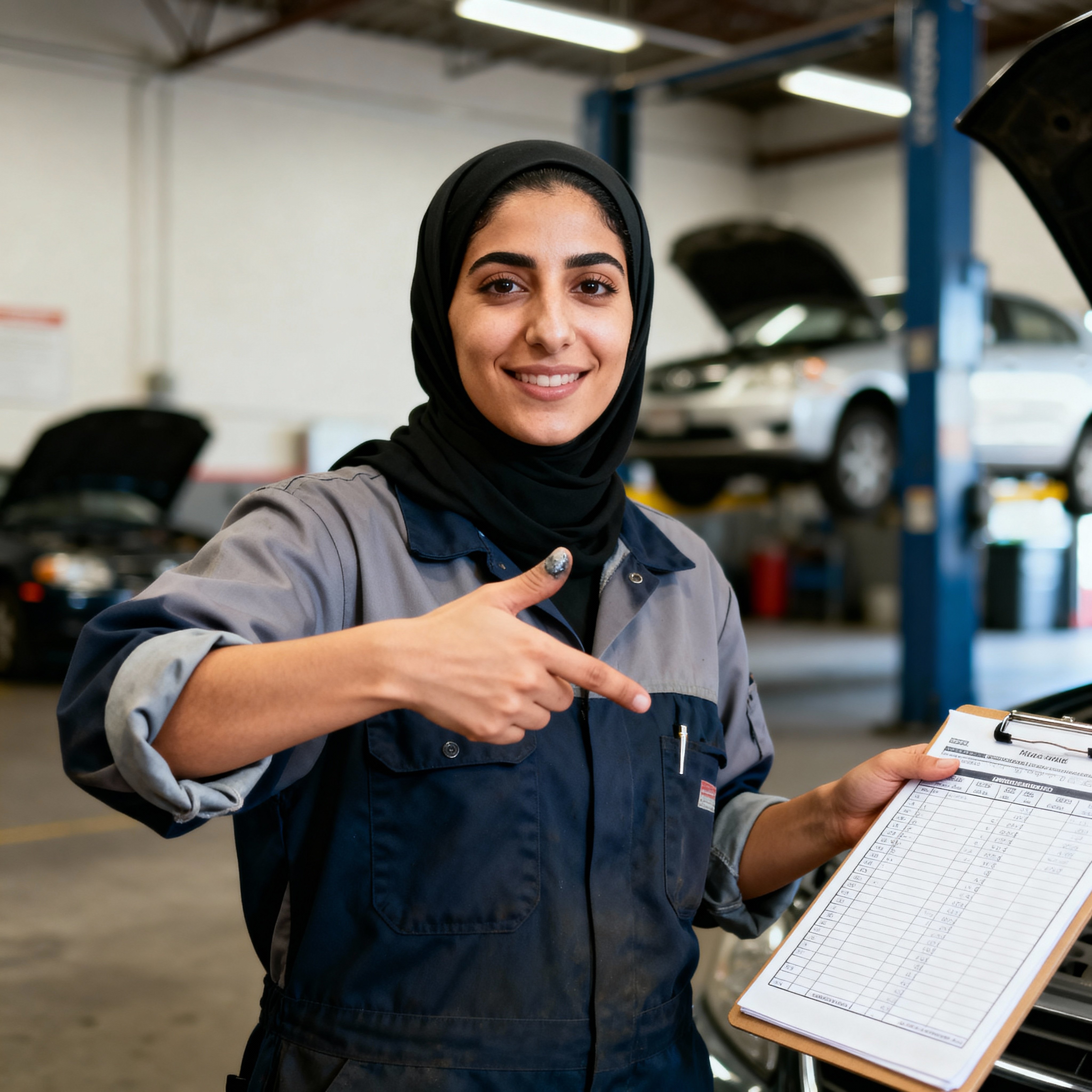 Half-body portrait of Layla Haddad, 33, an Arab American auto mechanic in navy coveralls with a grease-smudge on one knuckle, gesturing to a service checklist in a softly blurred gray service bay under crisp neutral light.