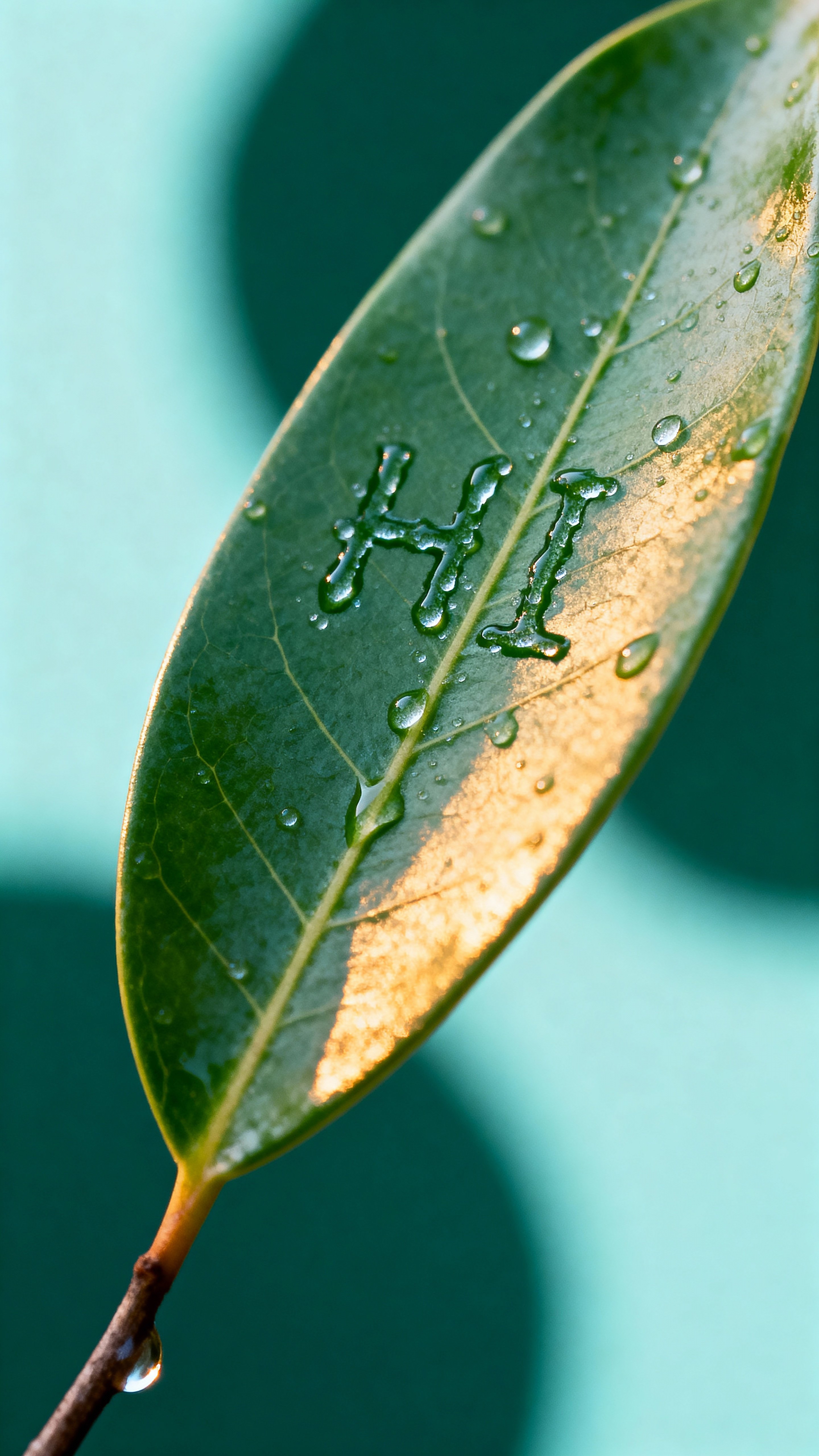 A vertical 9:16 close portrait of a single morning leaf with the word "HI" traced in dew, captured as a crisp macro study of freshness and delicate natural typography framed for a tall composition.
