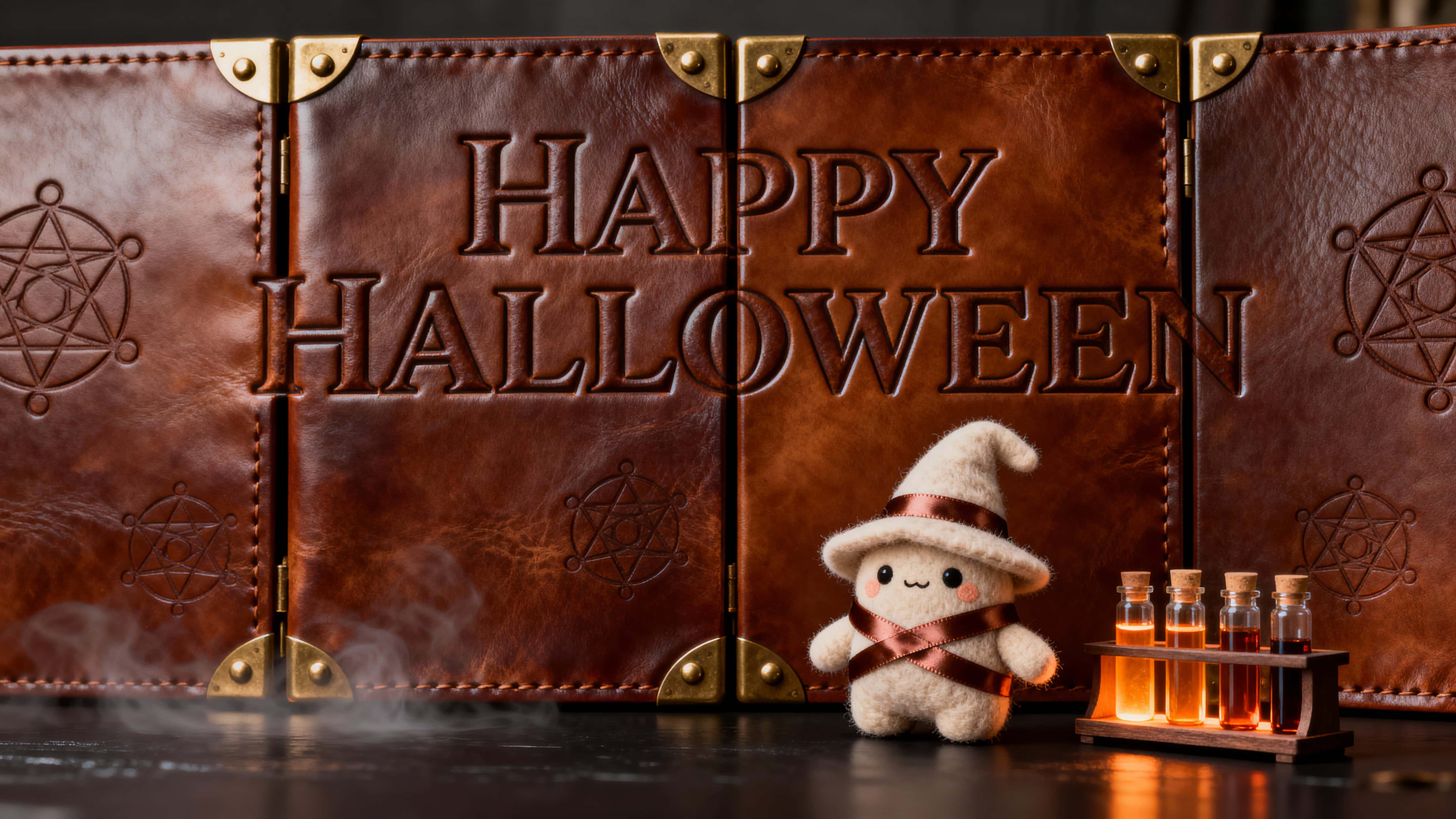 Photo-real full-frame 'HAPPY HALLOWEEN' embossed on mahogany leather with brass plates and amber vials, a felt alchemist doll in cream-gray stands front-right on a charcoal tabletop.
