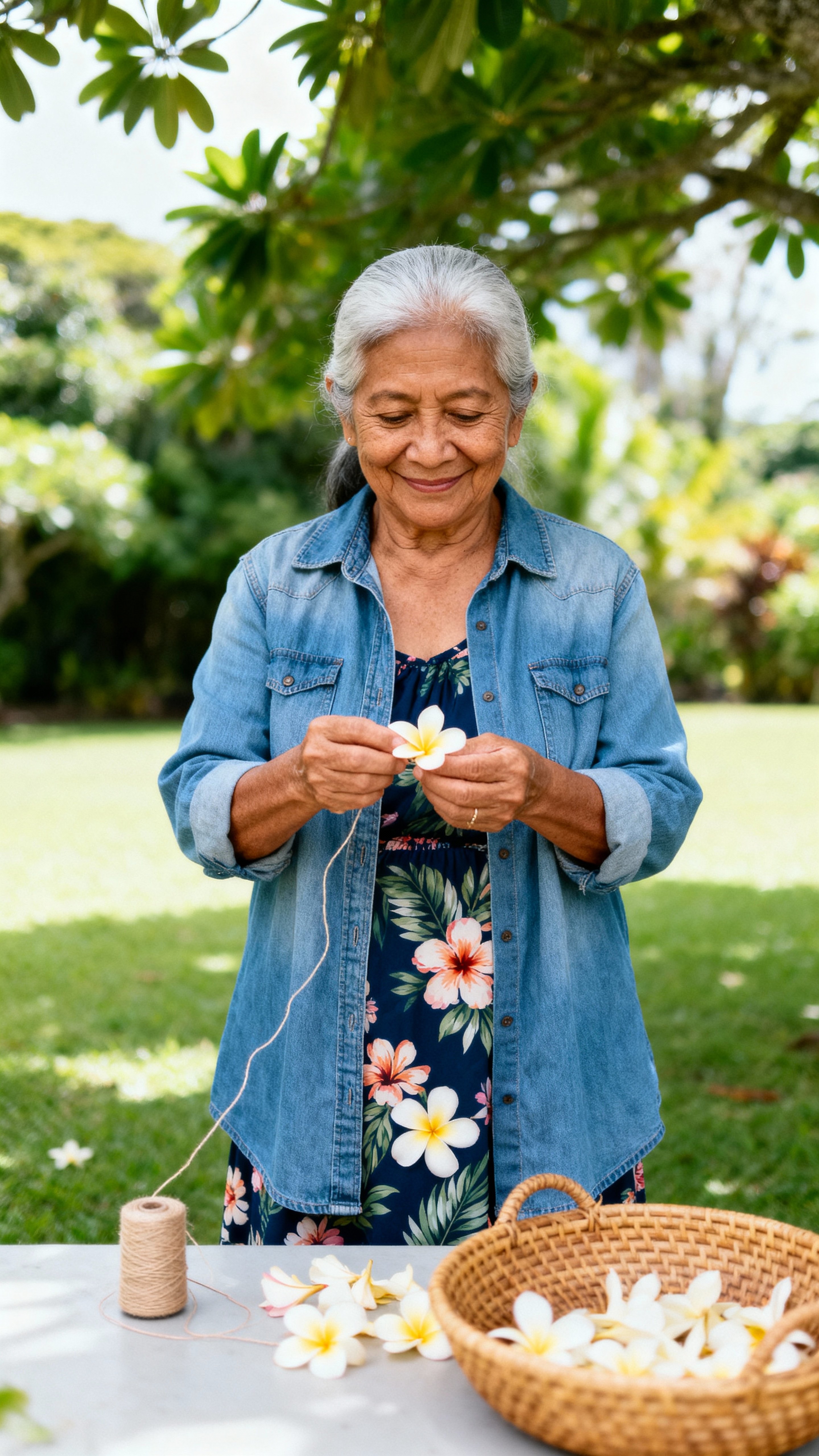 Leilani, a Native Hawaiian grandmother in her early 70s, strings white-pink-yellow plumeria on a shaded Hilo lawn, wearing a denim overshirt and floral dress, warm tan skin, woven basket and scattered petals in soft, airy focus.