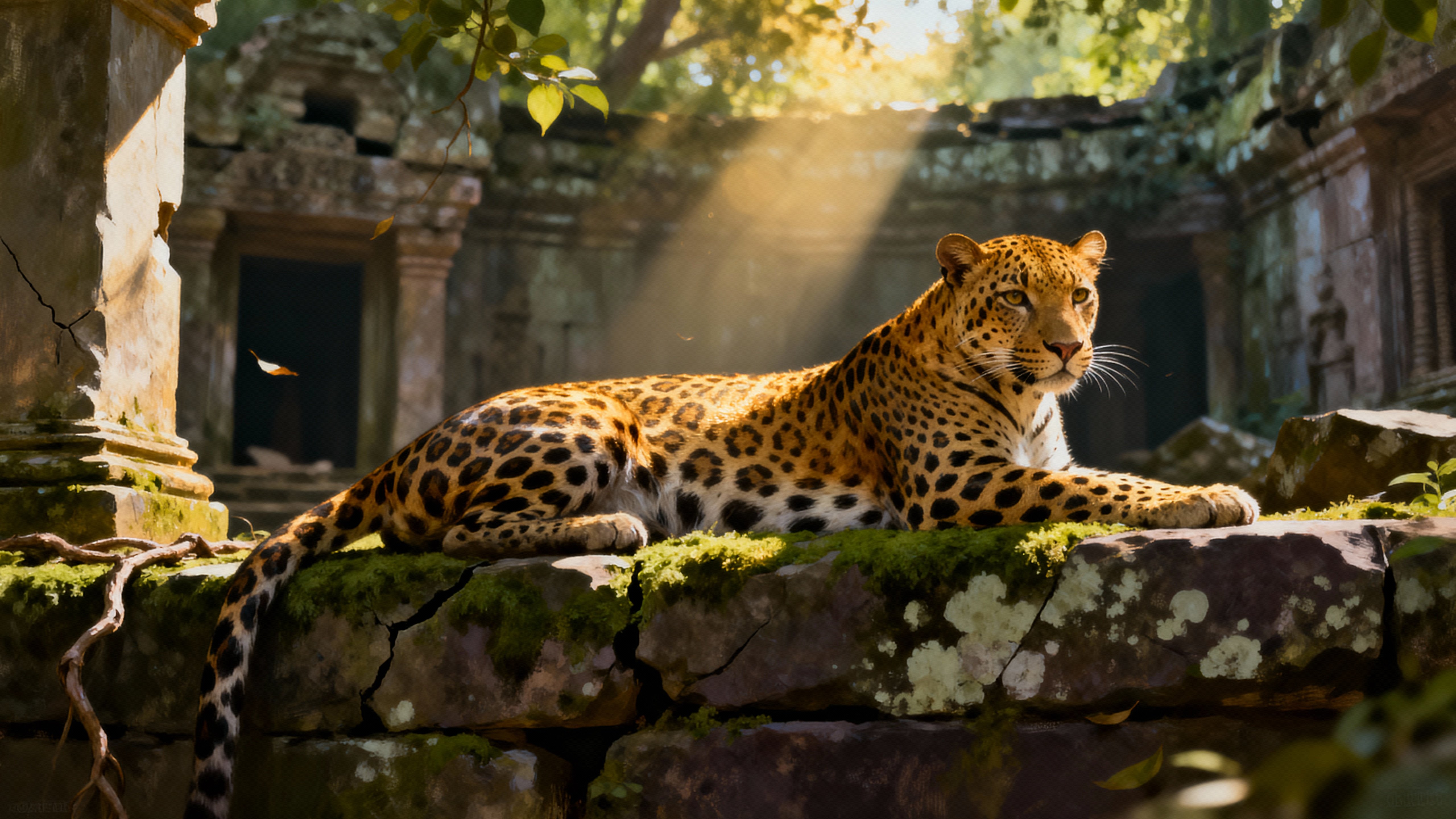 A sleek leopard reclines across mossy ancient stone ruins beneath a dense jungle canopy as shafts of warm sunlight slice through leaves to gild its fur and the surrounding mossy stones.
