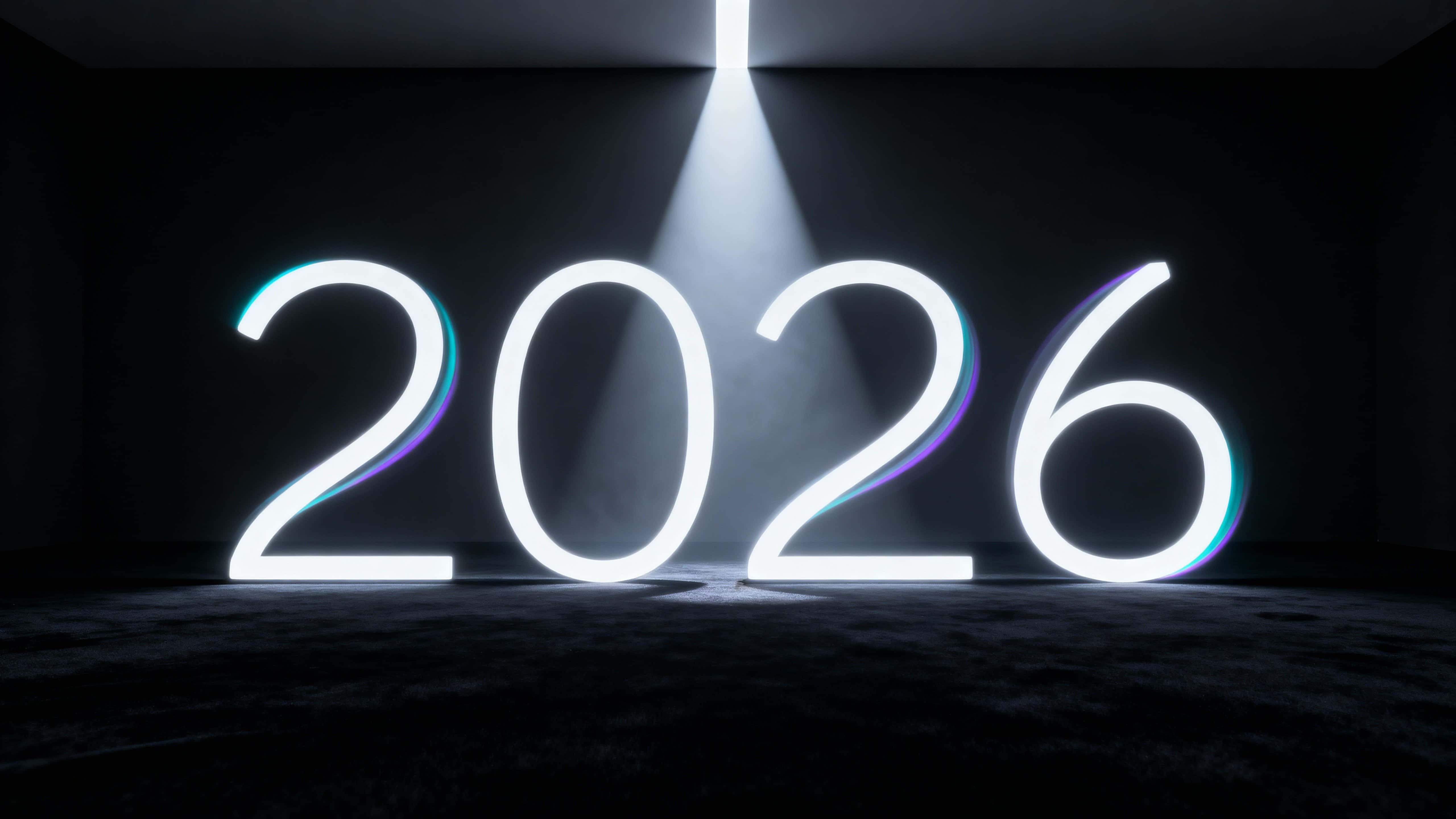 A single narrow white beam descends and splits on a matte dark plane, its two curved rays tracing the digits “2026” in stark, minimal light.