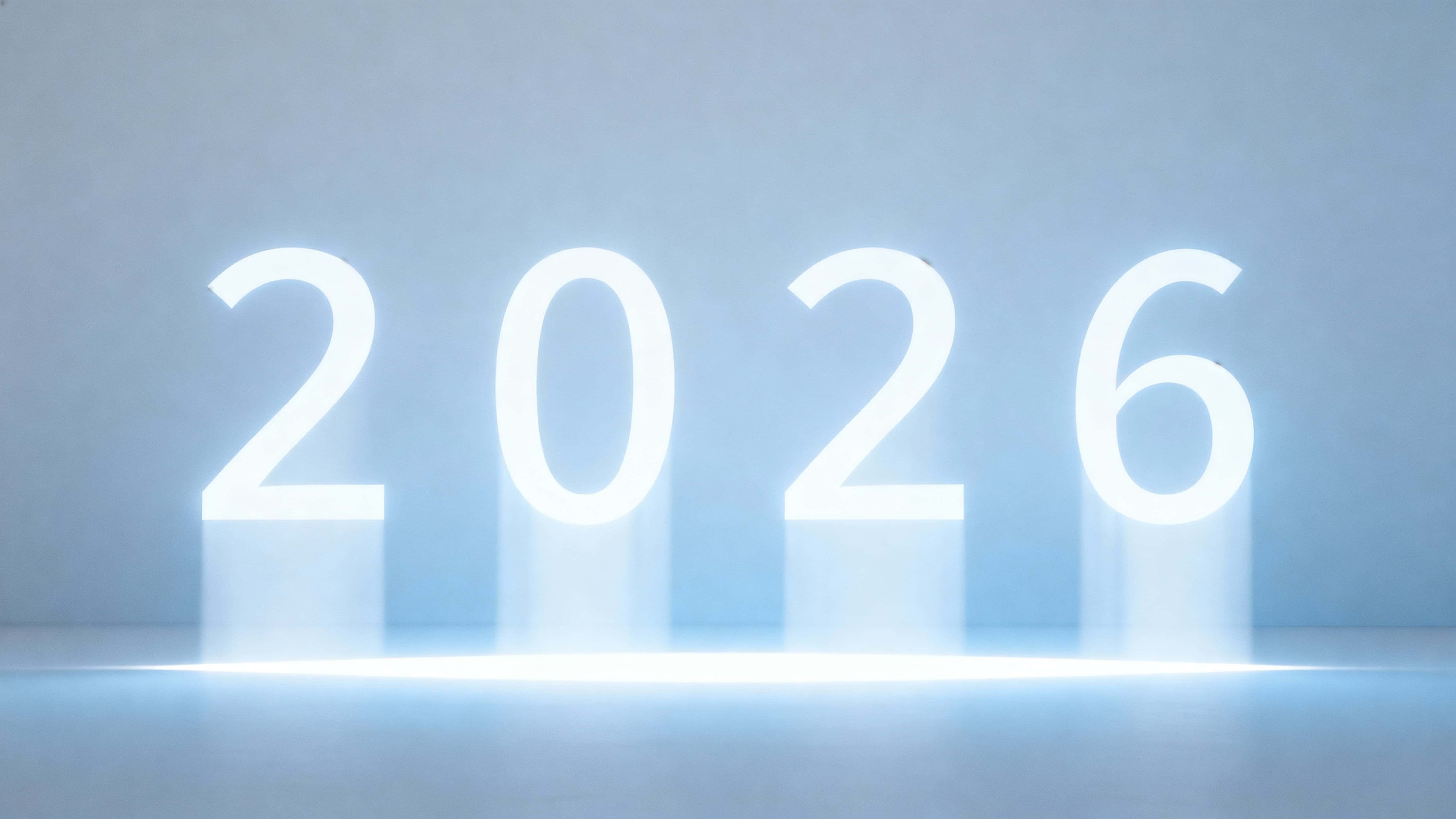 A faint horizontal beam crosses a 16:9 frame at the horizon while four vertical light beams rise and align into the numerals 2026, centered against a dark void.