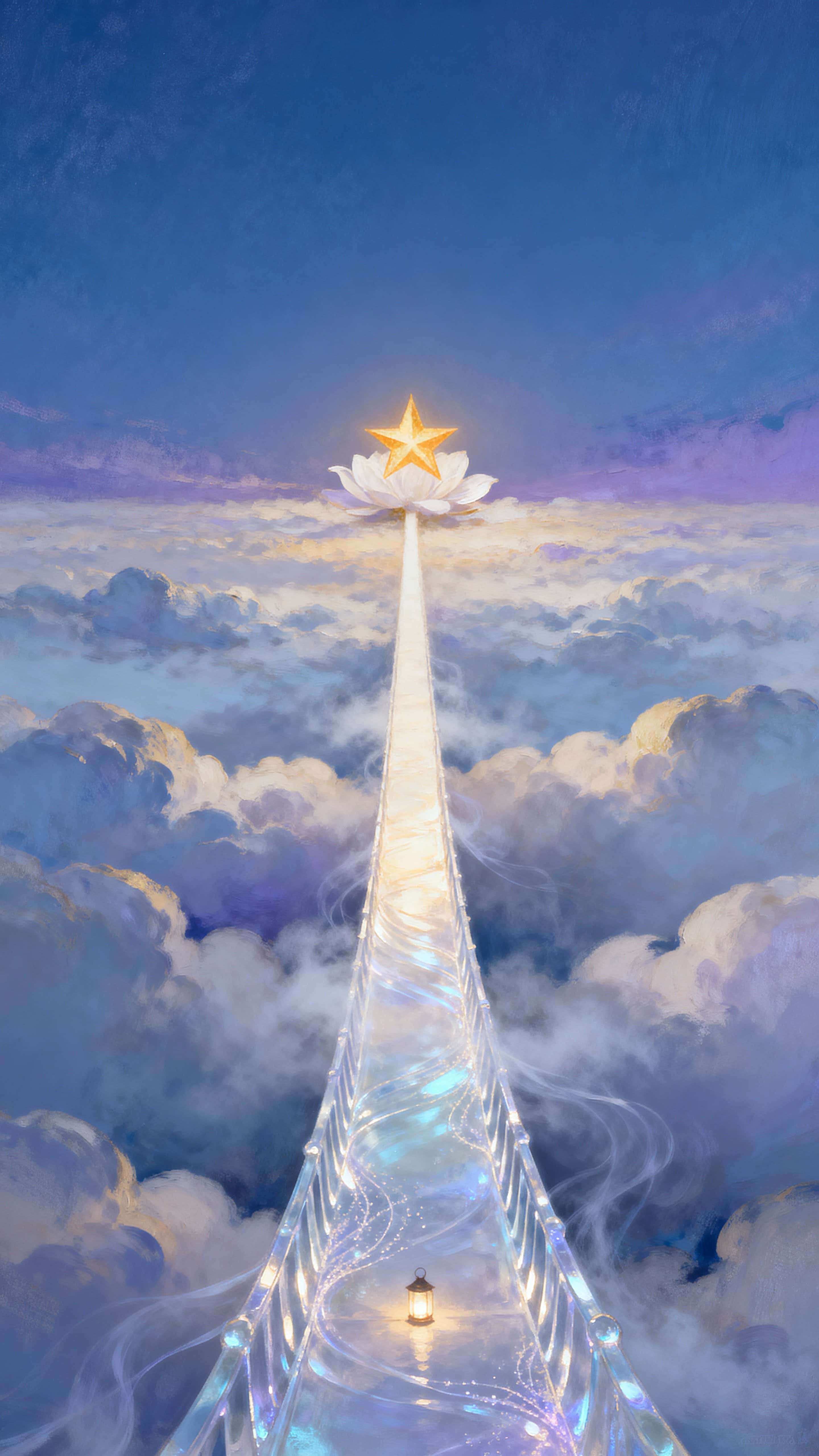 A thin, luminous bridge arcs across slow-moving, pillowed clouds toward a single blooming star that glows bright yet soft, framed vertically for an intimate ascent scene.