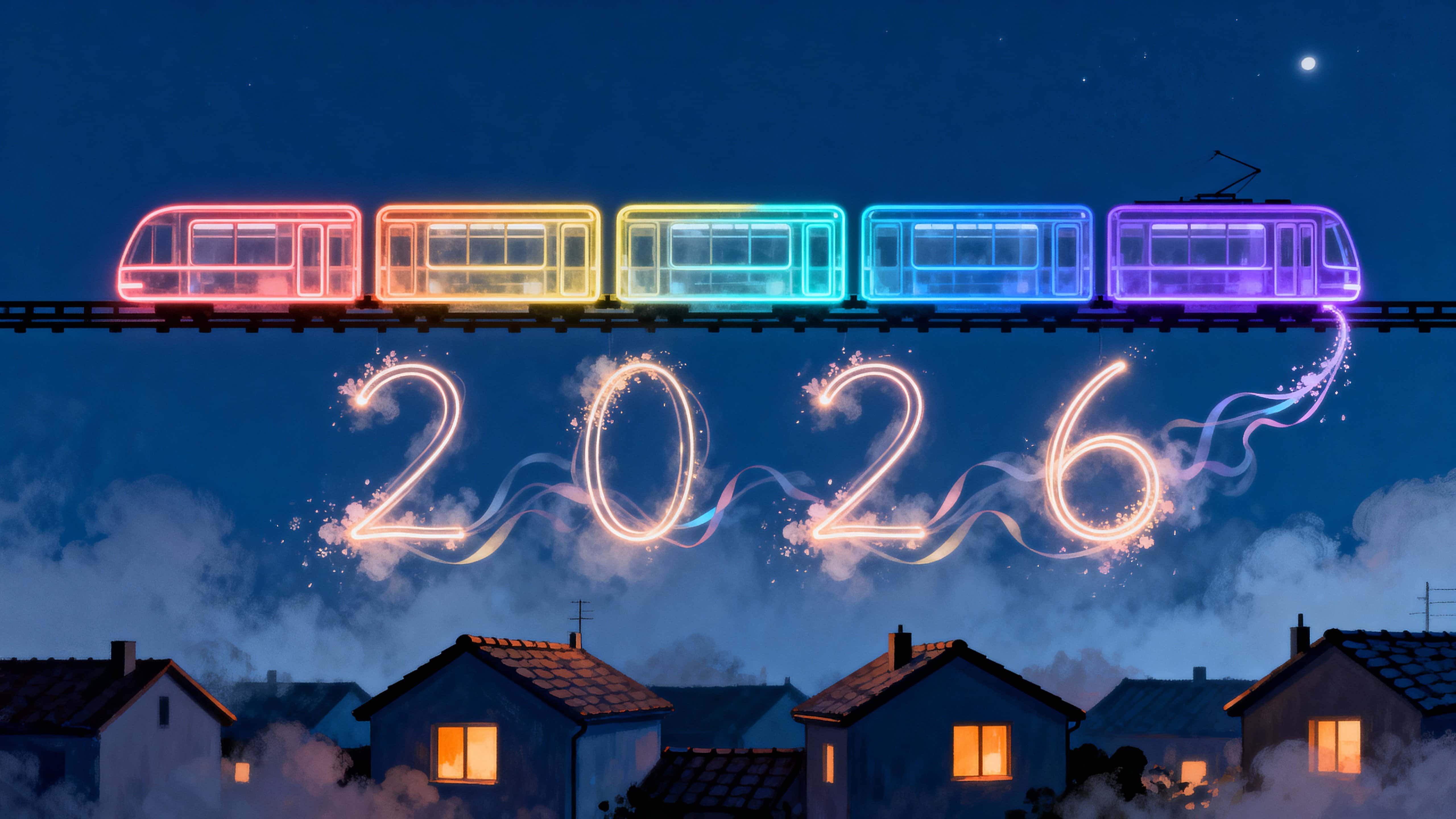 Digital night scene of a translucent, glowing light-rail crossing over small rooftops, atmospheric haze, warm window accents, and a slow, spectral 2026 light trail.