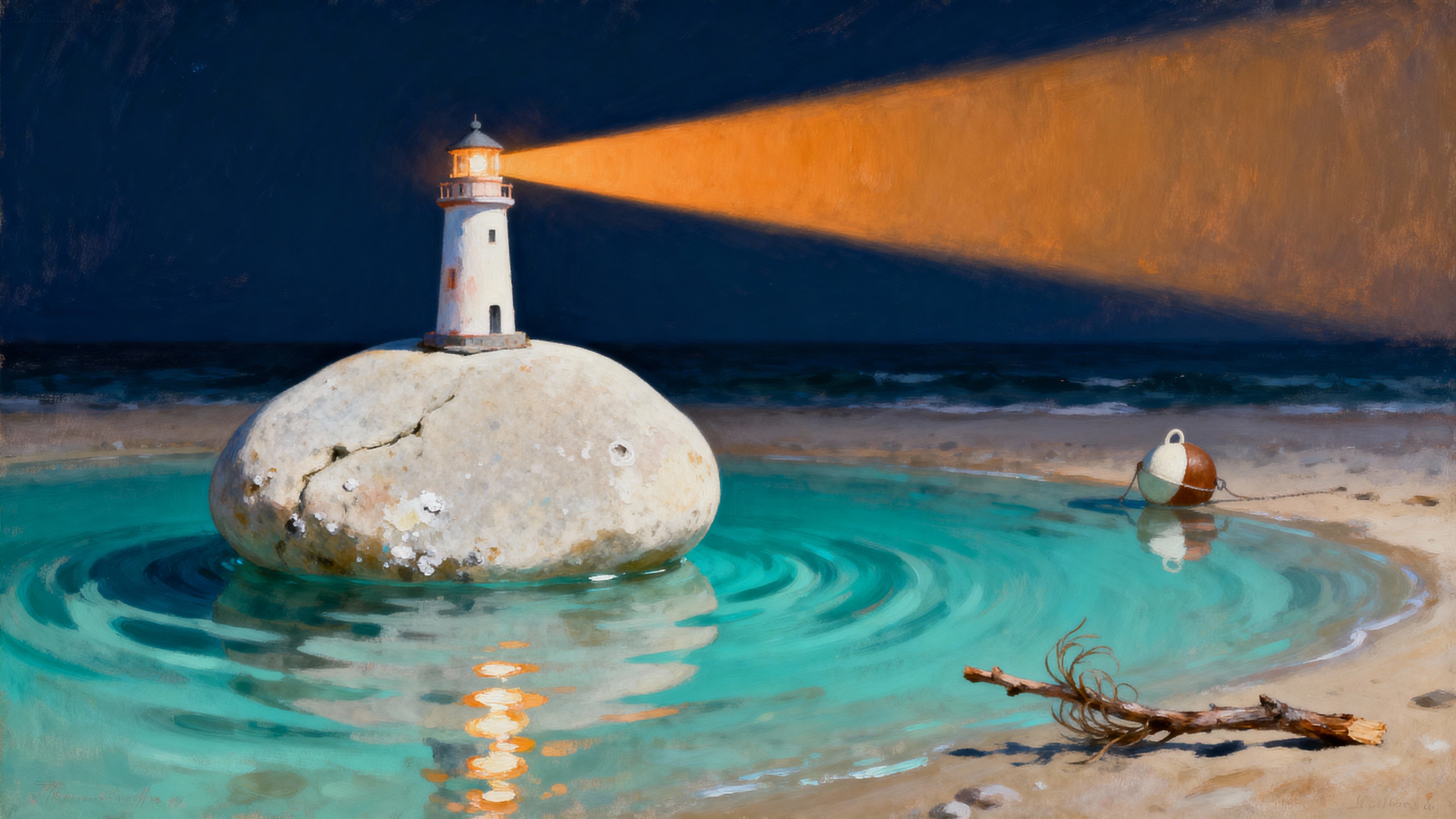 A tiny lighthouse perched on a smooth pebble sits amid gently flowing water with a soft amber beam rotating slowly across a cool navy night, evoking quiet persistence and calm navigation.