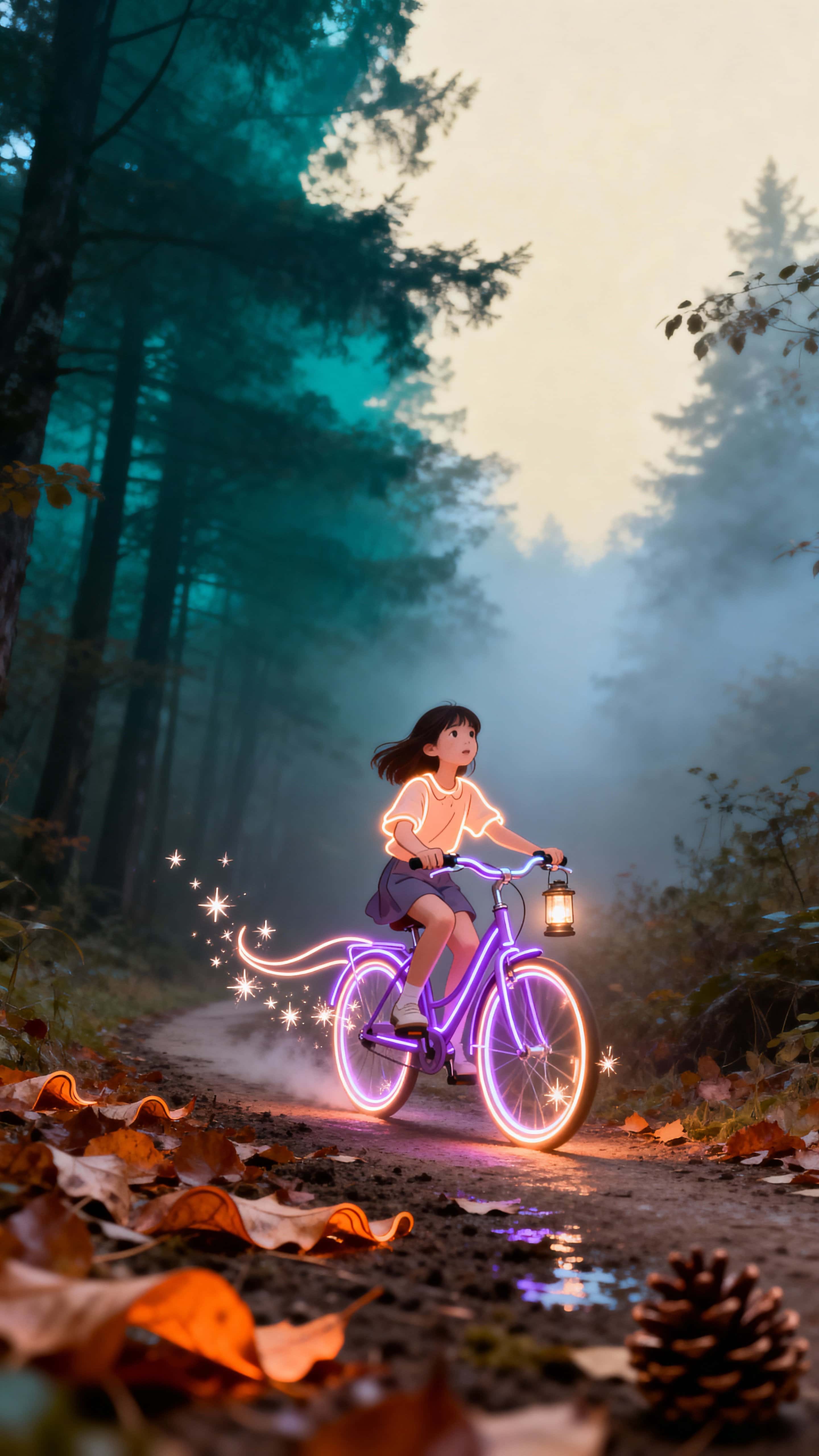 A glowing line-art girl pedals a bicycle along a misty forest path with tiny star sparks trailing her wheels as real fallen leaves on the ground catch warm orange light.