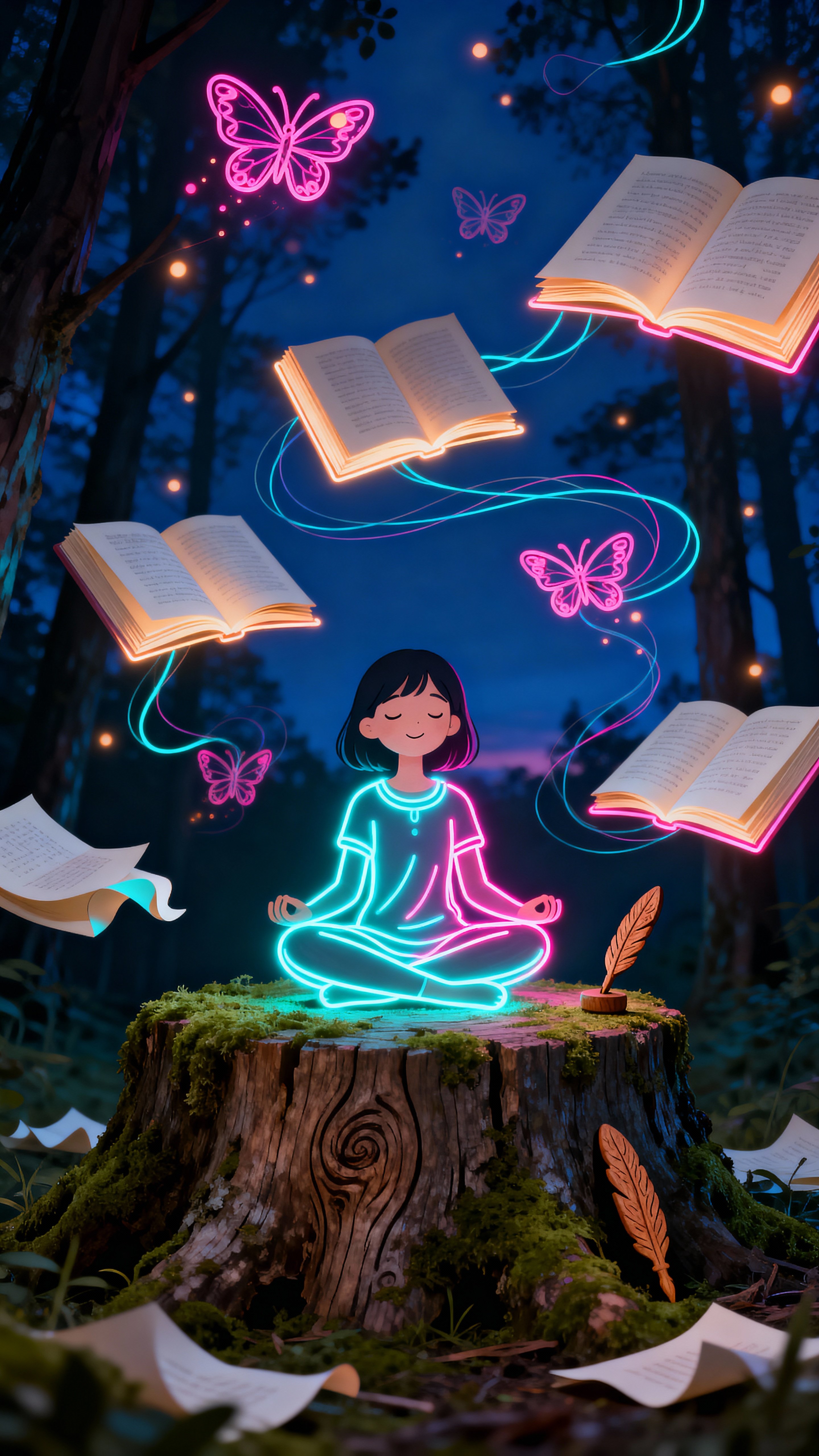 A glowing line-art girl sits cross-legged on a mossy forest stump as luminous line pages and doodle butterflies float upward, casting soft neon color into the shadowed trees.