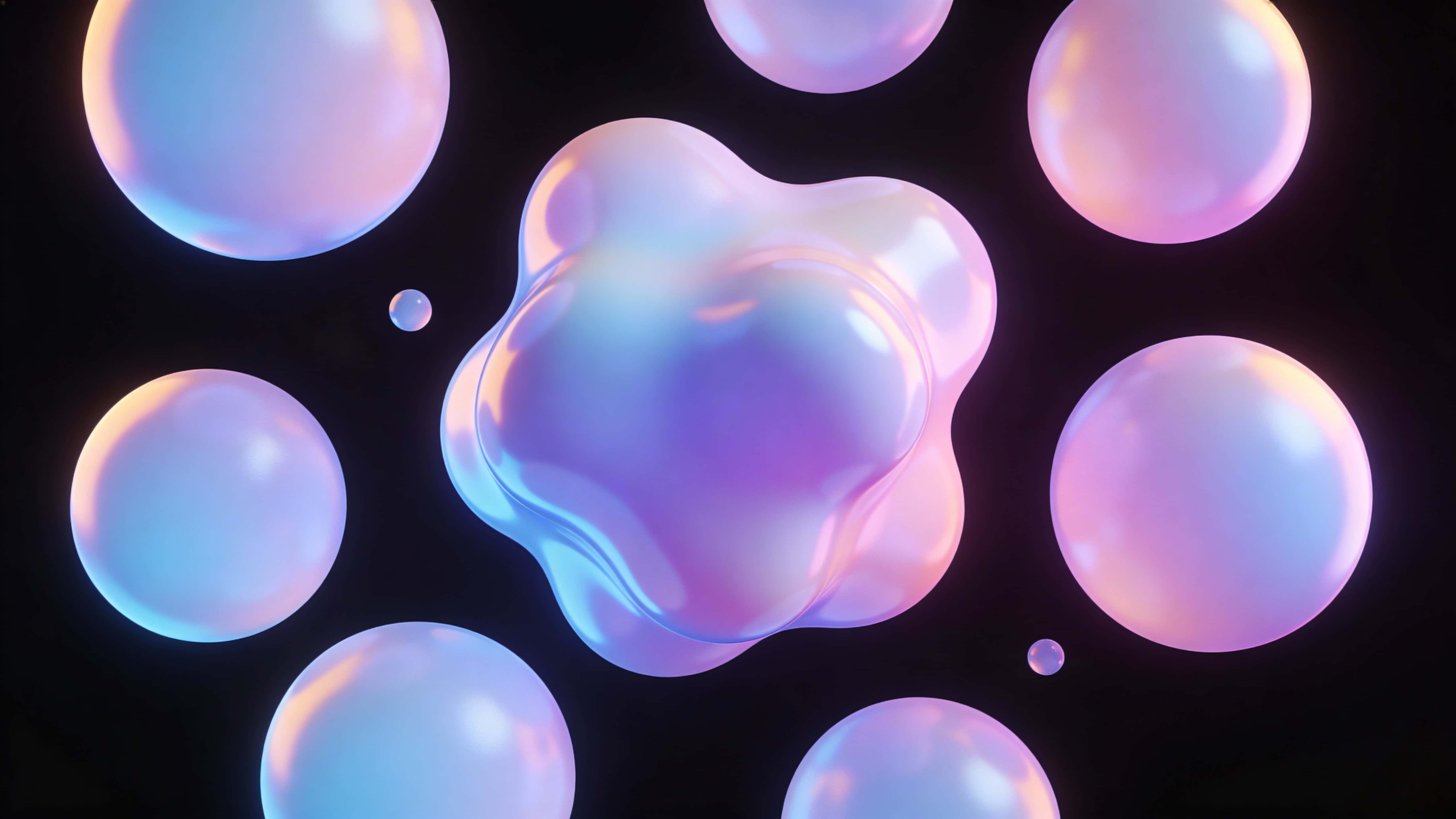Soft, rounded pastel-neon liquid blobs orbit a central amorphous form against a minimal dark background, appearing as ultra-smooth gradient 3D surfaces in a 16:9 frame.