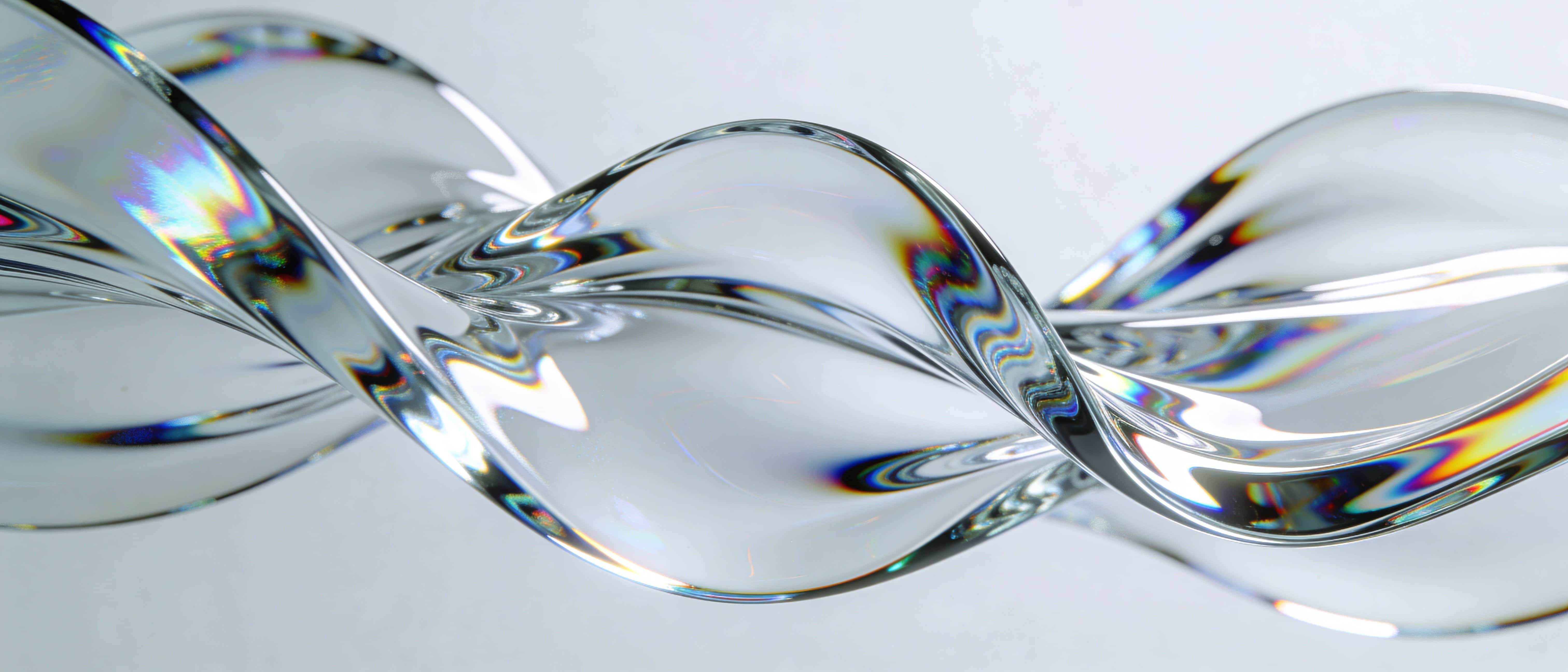 Ultra-wide 21:9 panorama of translucent, rippling glass sheets forming liquid-like abstract waves with prismatic highlights against a clean, soft minimal background, hyper-realistic and crisp.
