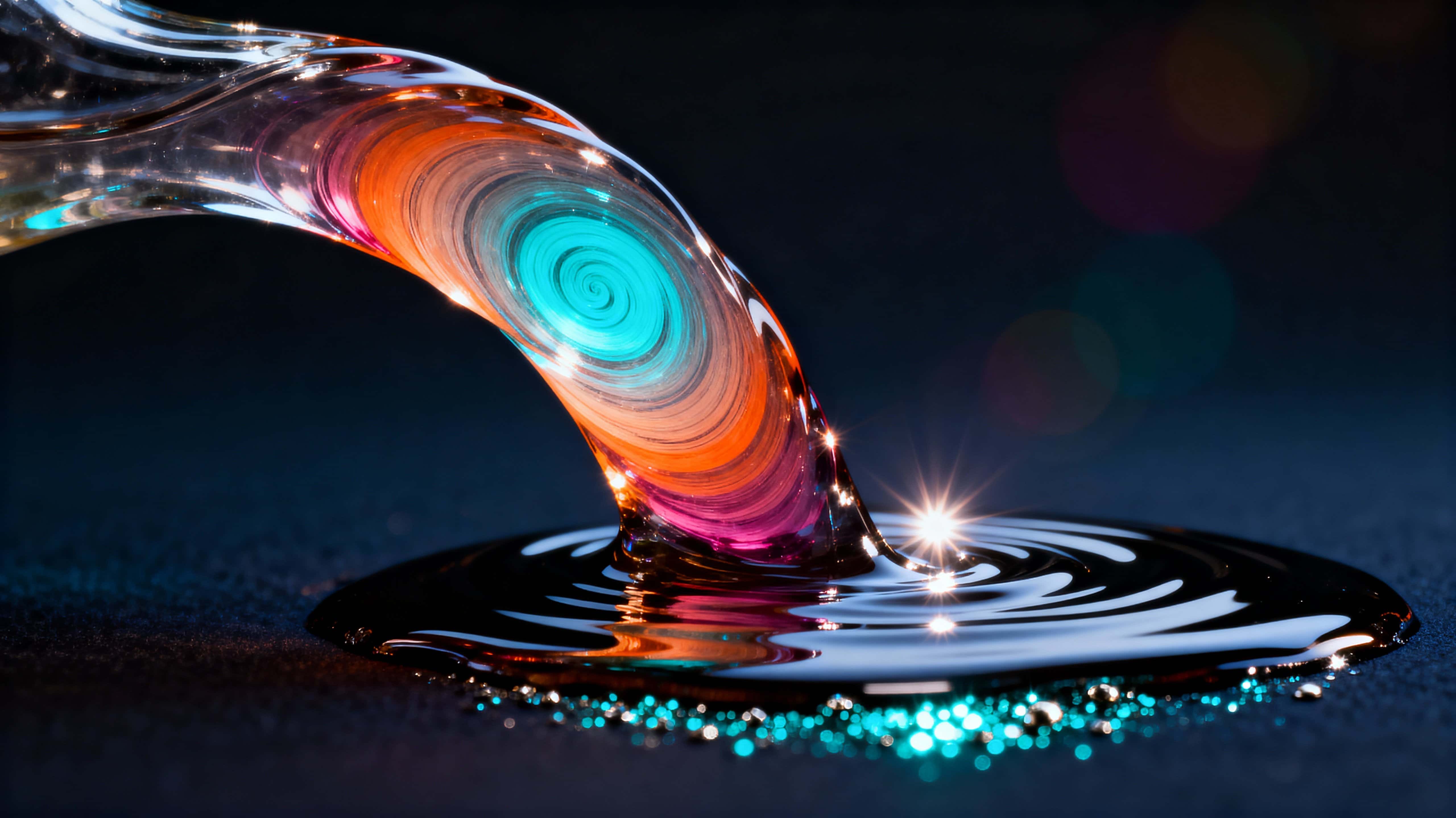A viscous stream of liquid glass arcs from the upper-left into a shallow pool on a dark matte plane, glowing cyan through warm orange and magenta gradients with tiny metallic specks.