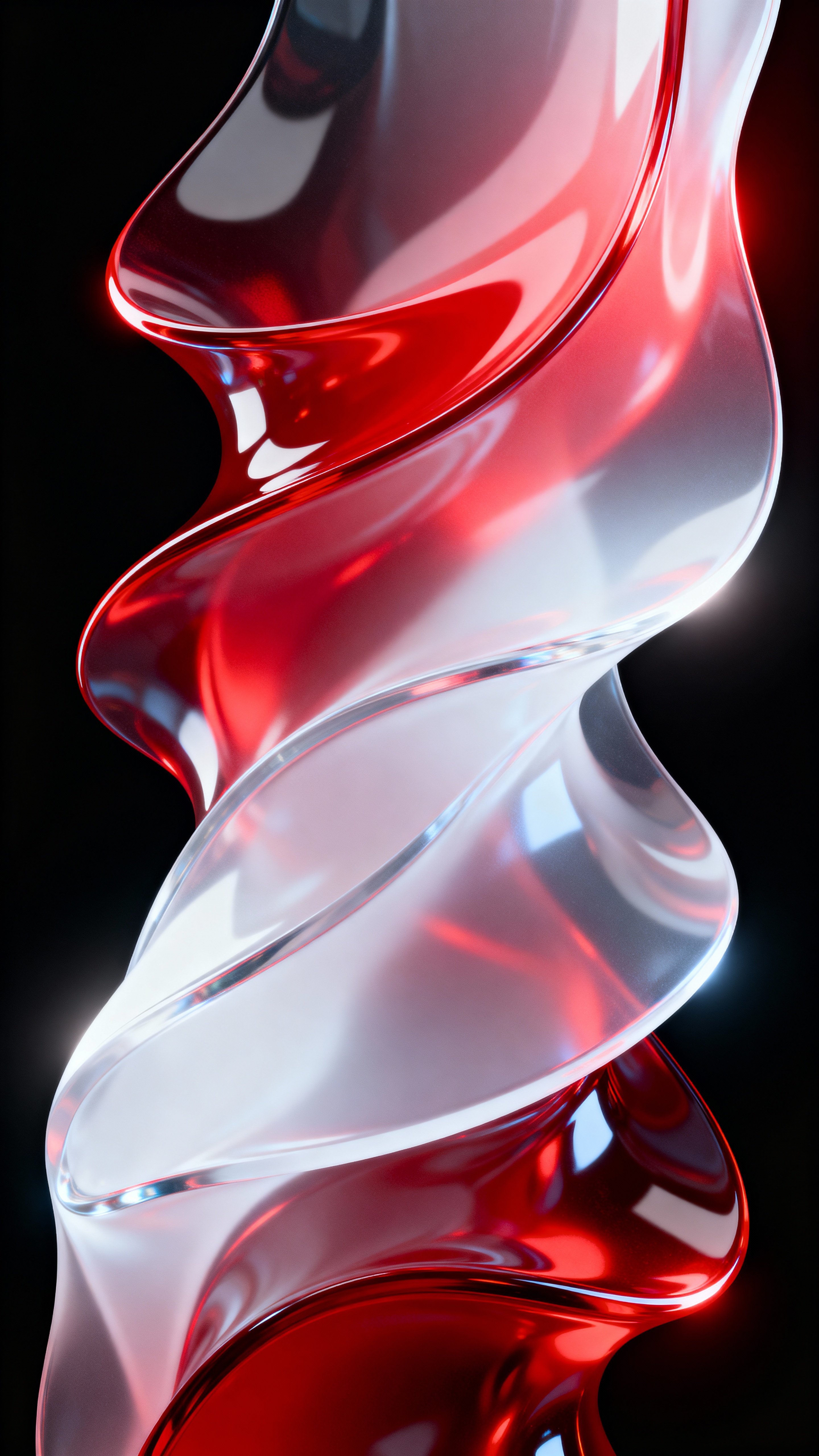 Abstract futuristic 3D vertical background featuring smooth flowing curves and layered geometry. Surfaces are glossy, semi-transparent, and reflective like liquid glass or polished acrylic. Palette restricted to #ff4242 (red), #1e1e1e (deep
