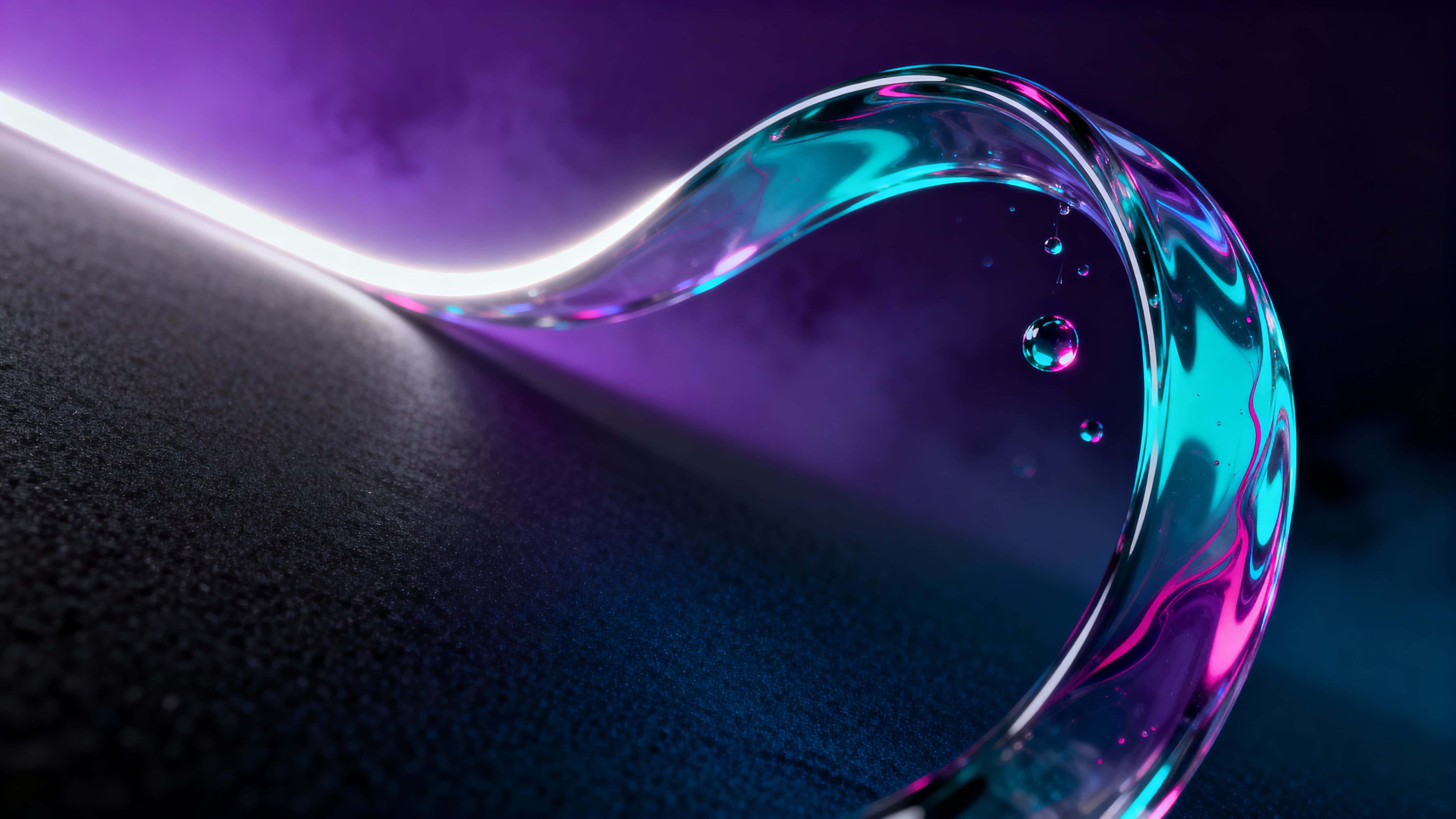 A thick translucent liquid-glass ribbon arcs from lower-center to upper-right against a matte charcoal-navy plane, with violet-to-cyan gradient, magenta veins, and suspended cyan or magenta droplets.