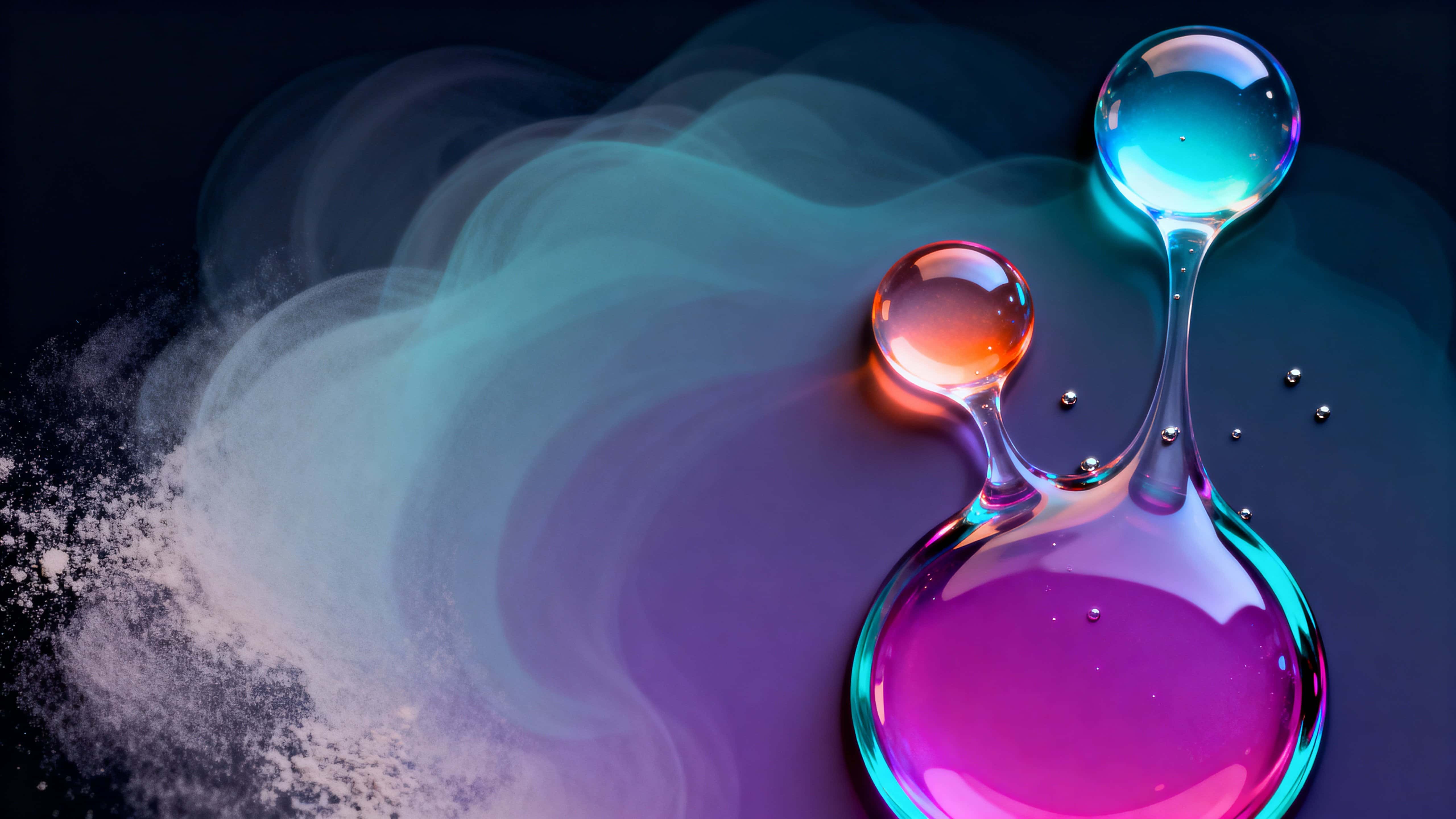 Three rounded liquid-glass nodes form a loose triangular cluster near the lower-right of a 16:9 navy frame, glowing magenta, cyan and orange with soft blended halos and tiny metallic flecks.