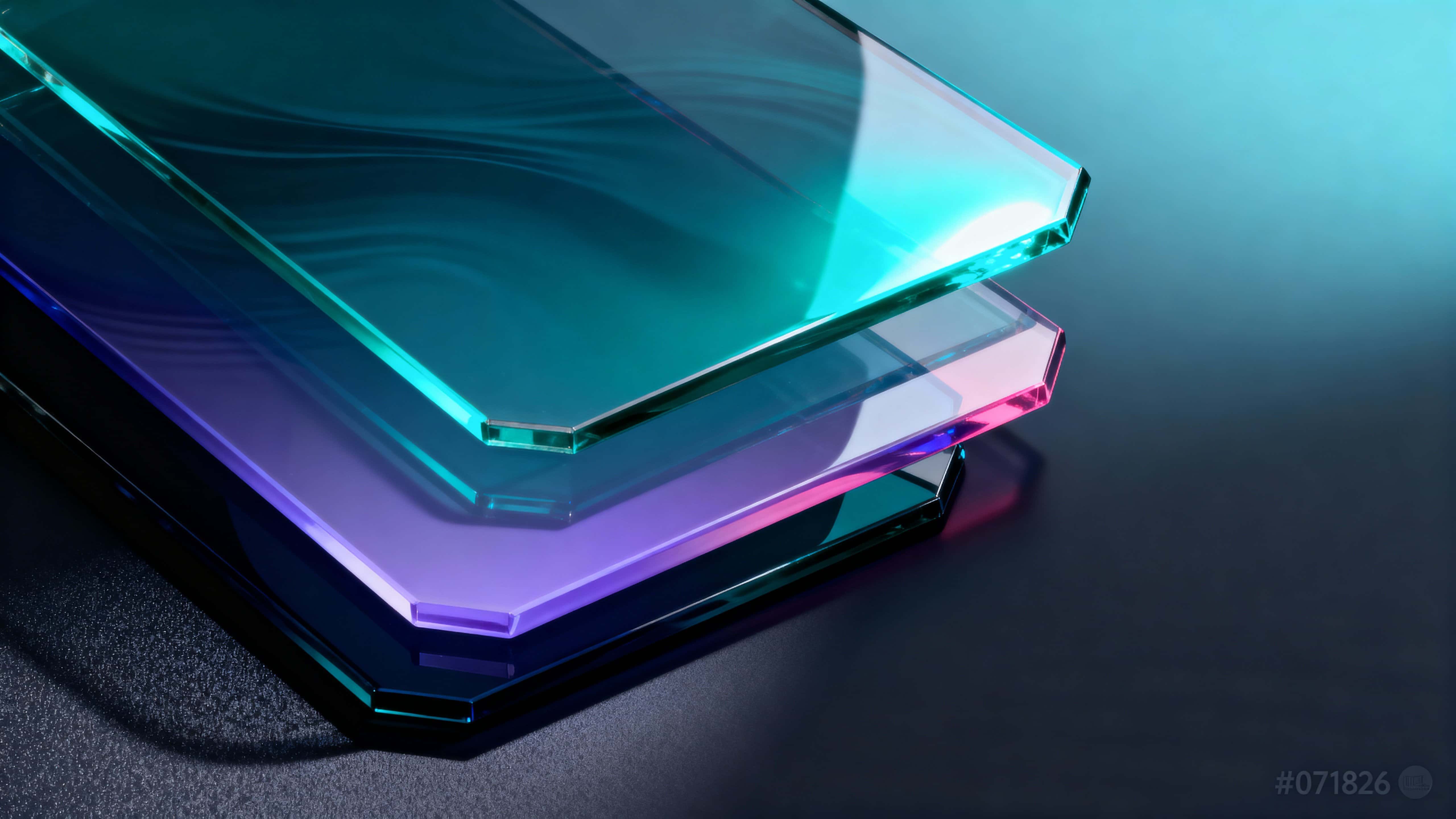 Three large semi-transparent liquid glass slabs staggered center-left with teal, cyan, lilac and navy refractions, a serene smooth gradient occupying the right, and faint grain in bottom-left.