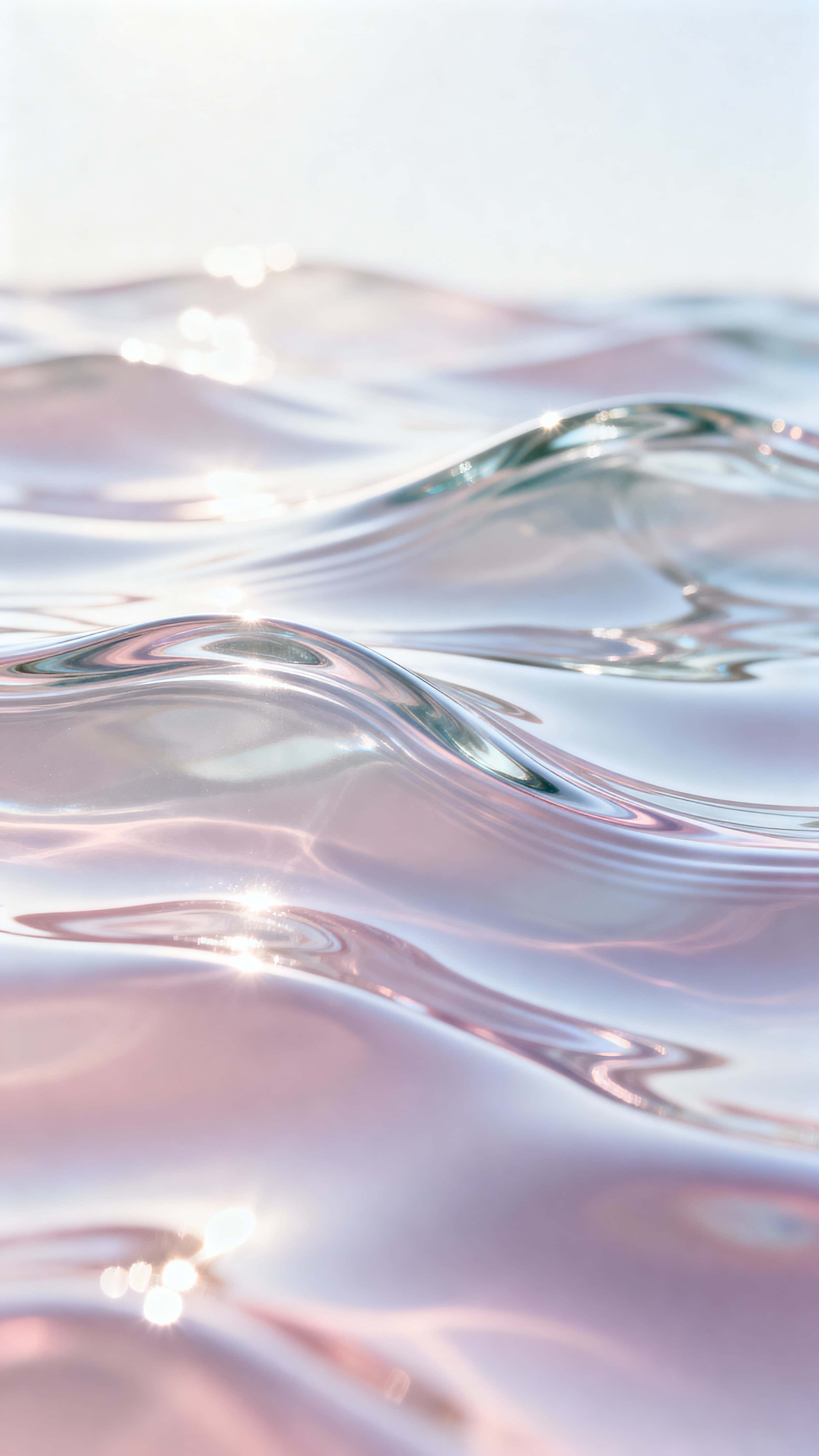 Translucent liquid glass waves ripple under sunlight in a 9:16 vertical composition, showcasing realistic reflections and soft pastel tones for a modern minimalist wallpaper.