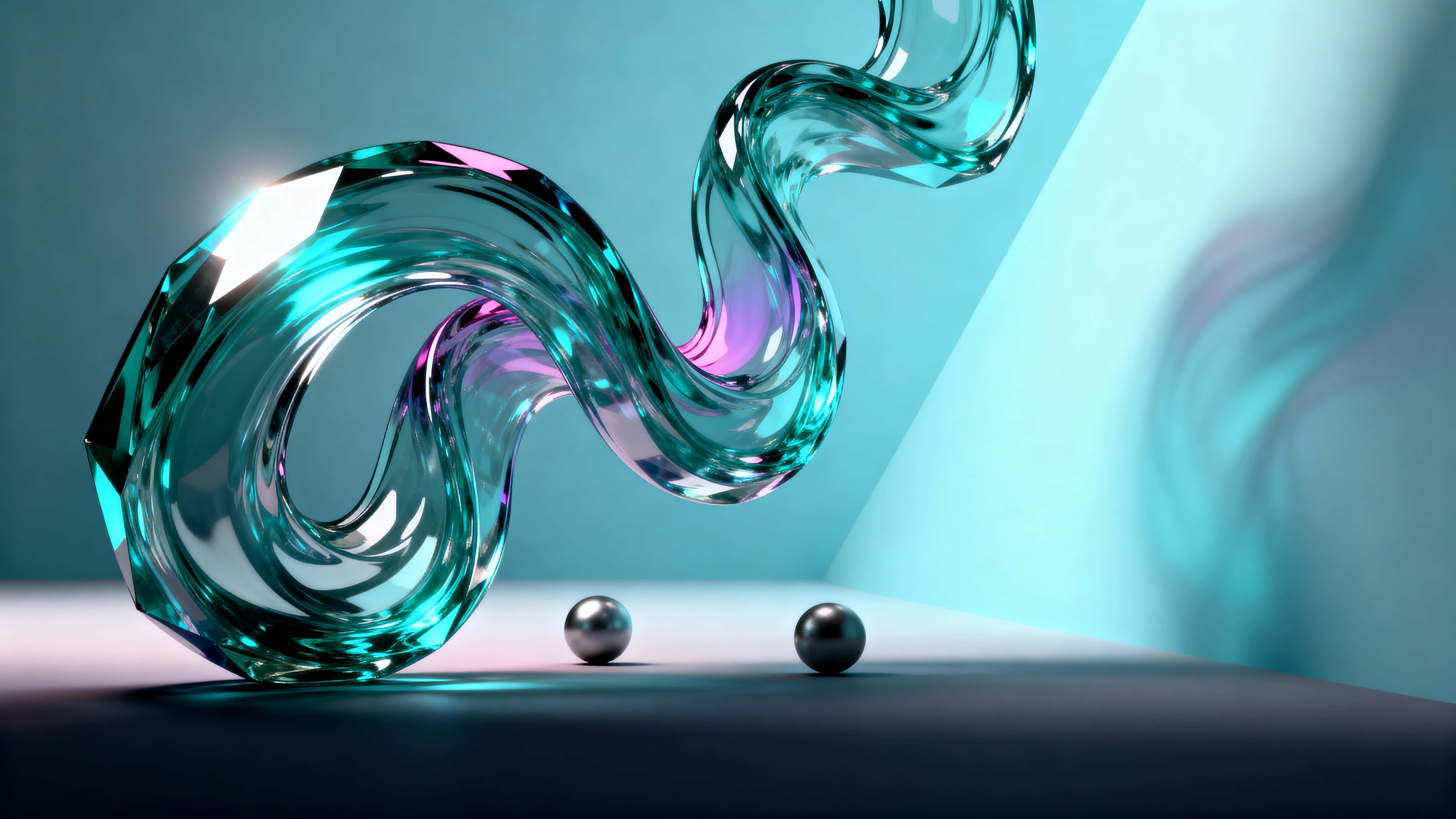Pair of intertwining translucent liquid-glass waves in teal and magenta form a loose S-curve across a 16:9 frame with two matte slate spheres anchored at the base.