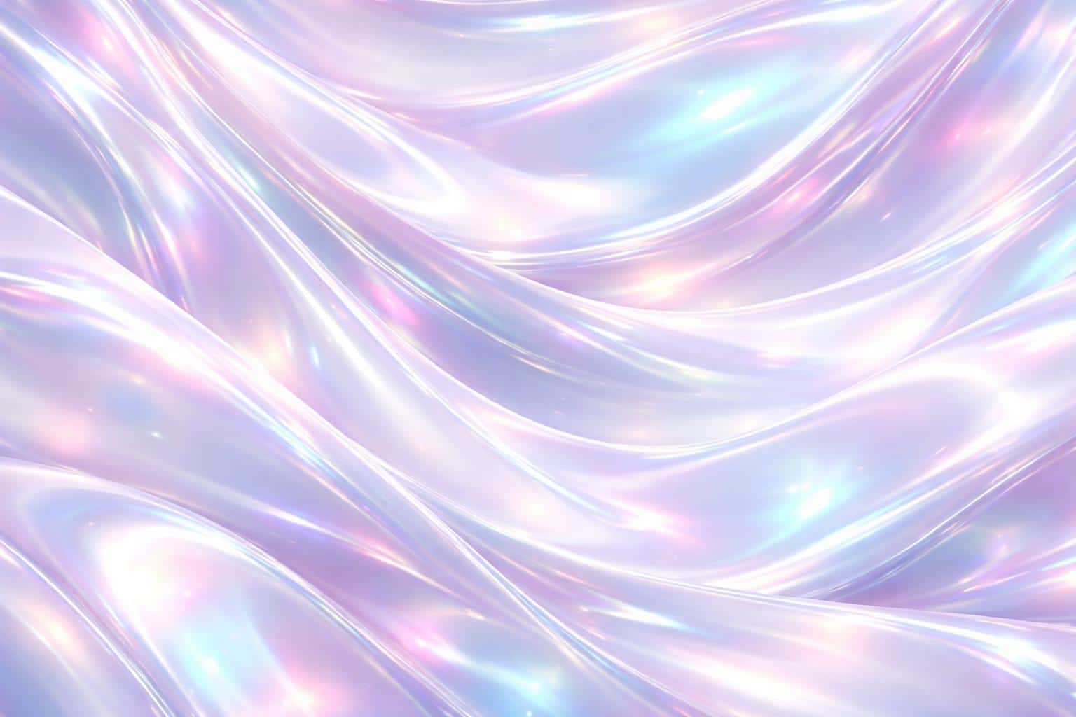 A 3:2 landscape of glossy, liquid-like holographic silk with gentle rolling folds in pearly white, soft pink, and shifting cyan for an ethereal, modern look.