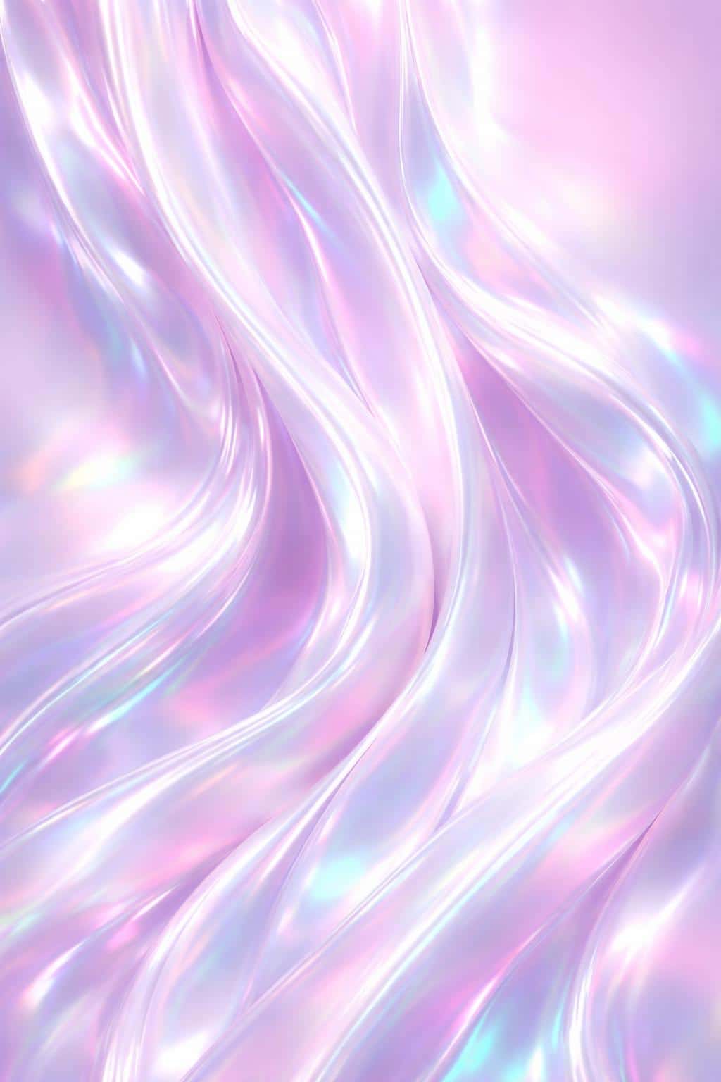 A 2:3 vertical composition of upward-flowing liquid silk with pearly white, soft pink, and shifting cyan iridescence, glossy folds kept minimal for text clarity.