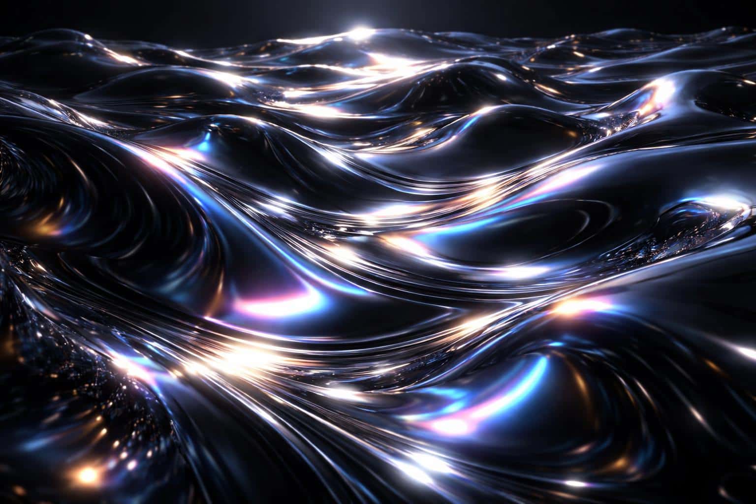 An immersive abstract wallpaper featuring swirling liquid metallic ripples with a vibrant iridescent sheen, perfect for high-end digital display backgrounds.
