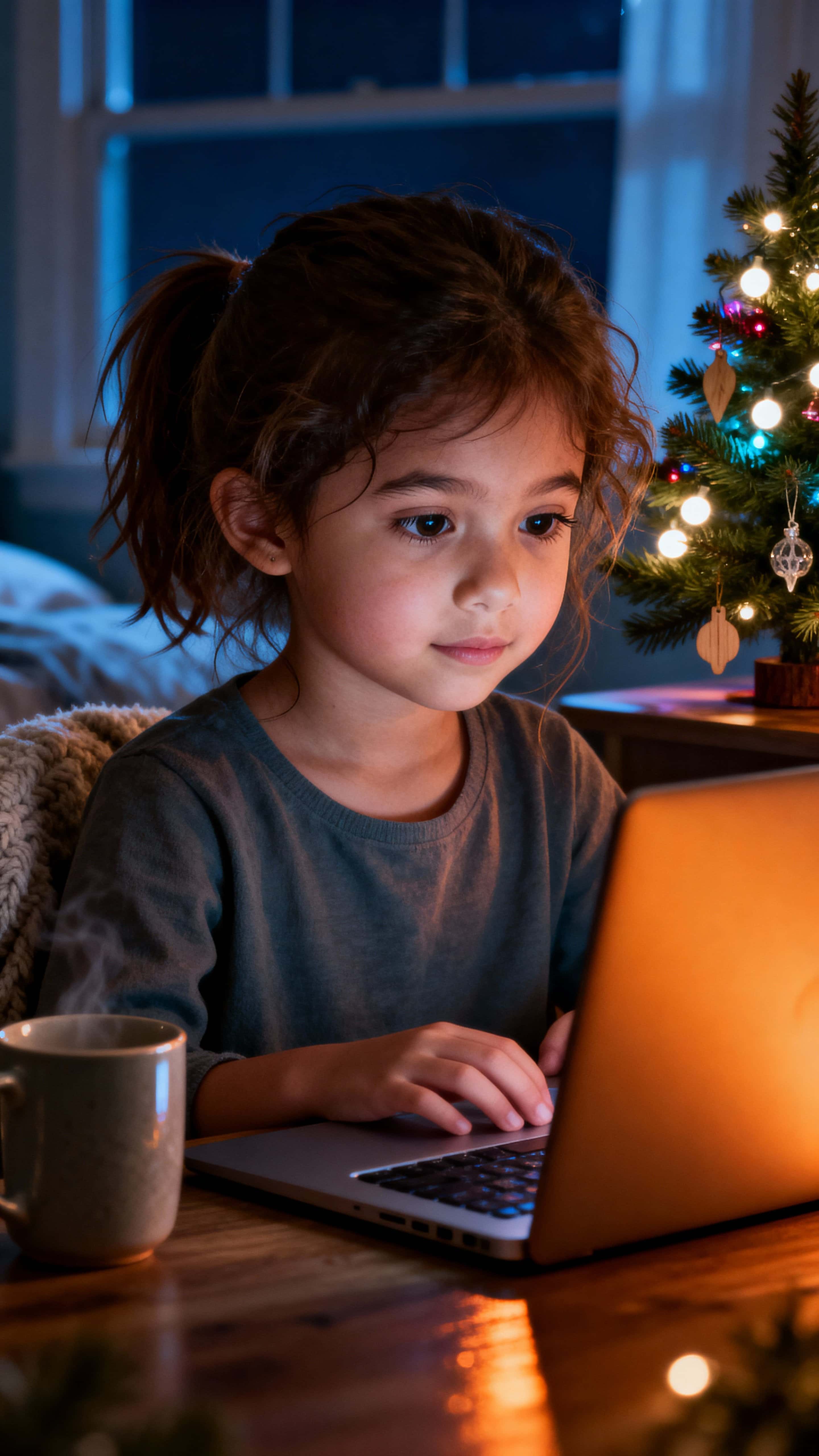 Photorealistic vertical portrait of a young girl at night, face warmed by a monitor glow with a softly lit Christmas tree behind, quiet and candid.