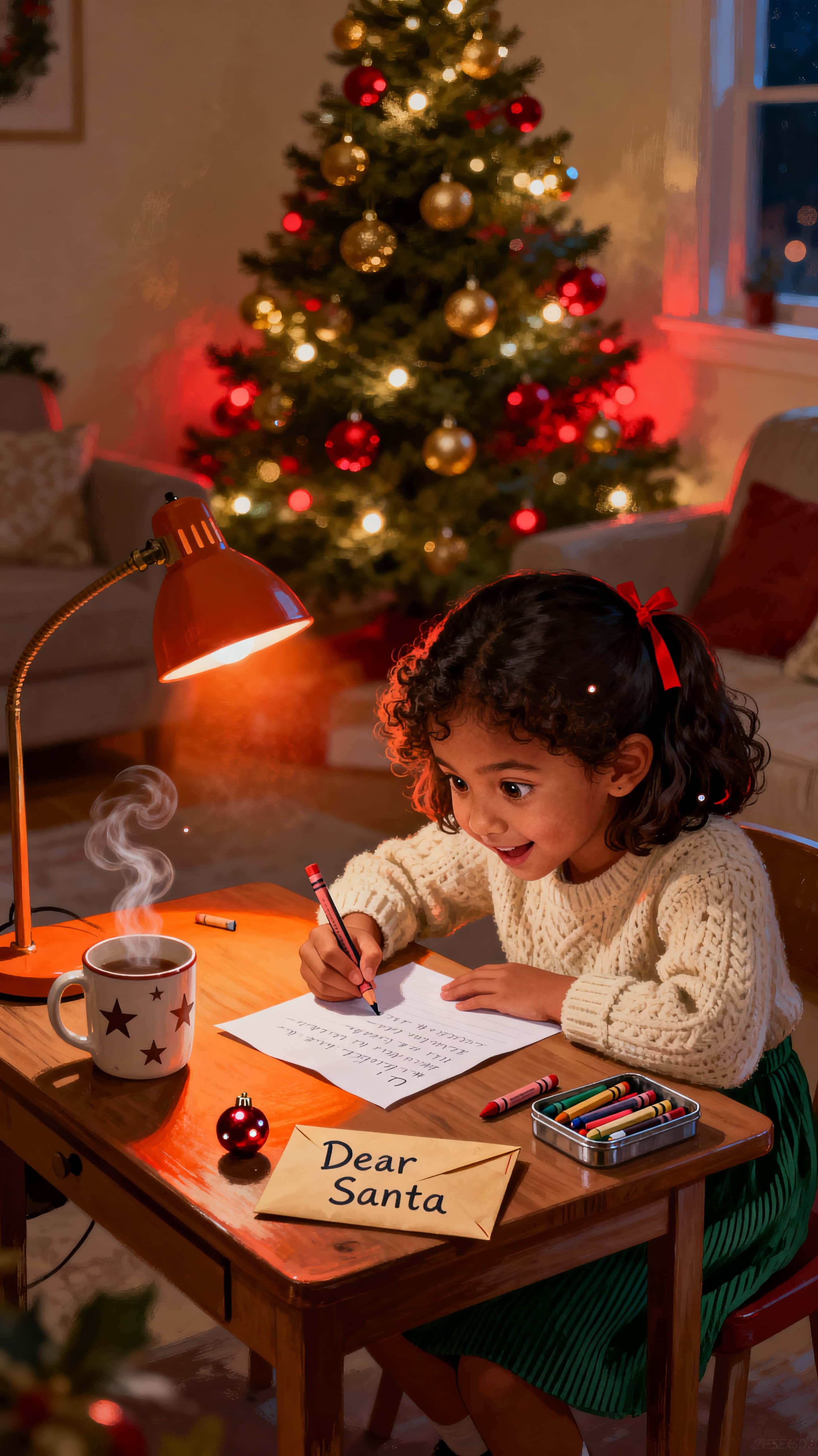 Vertical cozy 9:16 scene of a young girl intently writing a letter to Santa at a small desk, warm lamp glow and a softly sparkling Christmas tree creating a safe, tender mood.