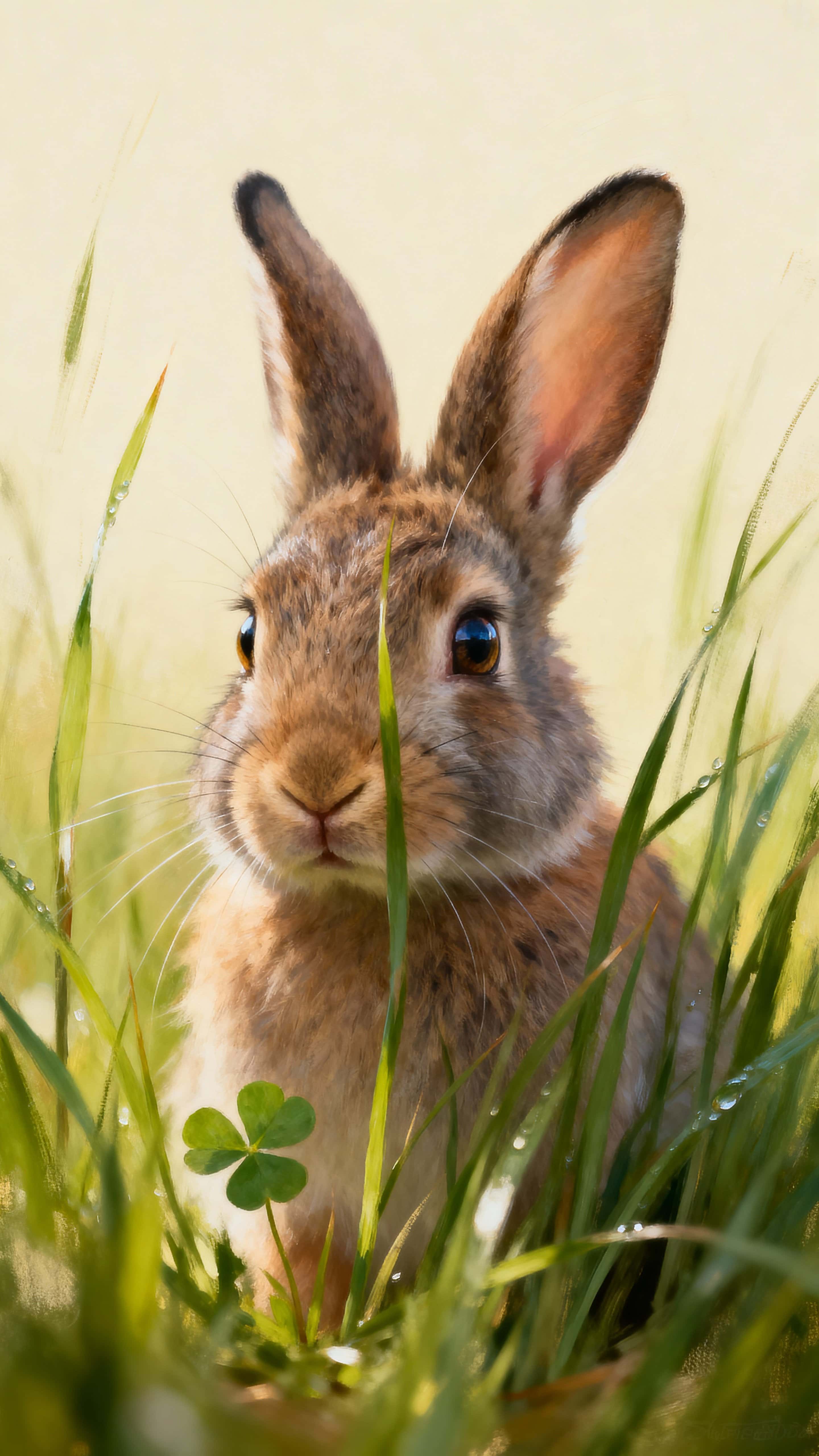 A small rabbit peeks from tall meadow grass with soft fur and whiskers eased by warm verdant light, framed in an intimate vertical crop for a delicate wallpaper mood.