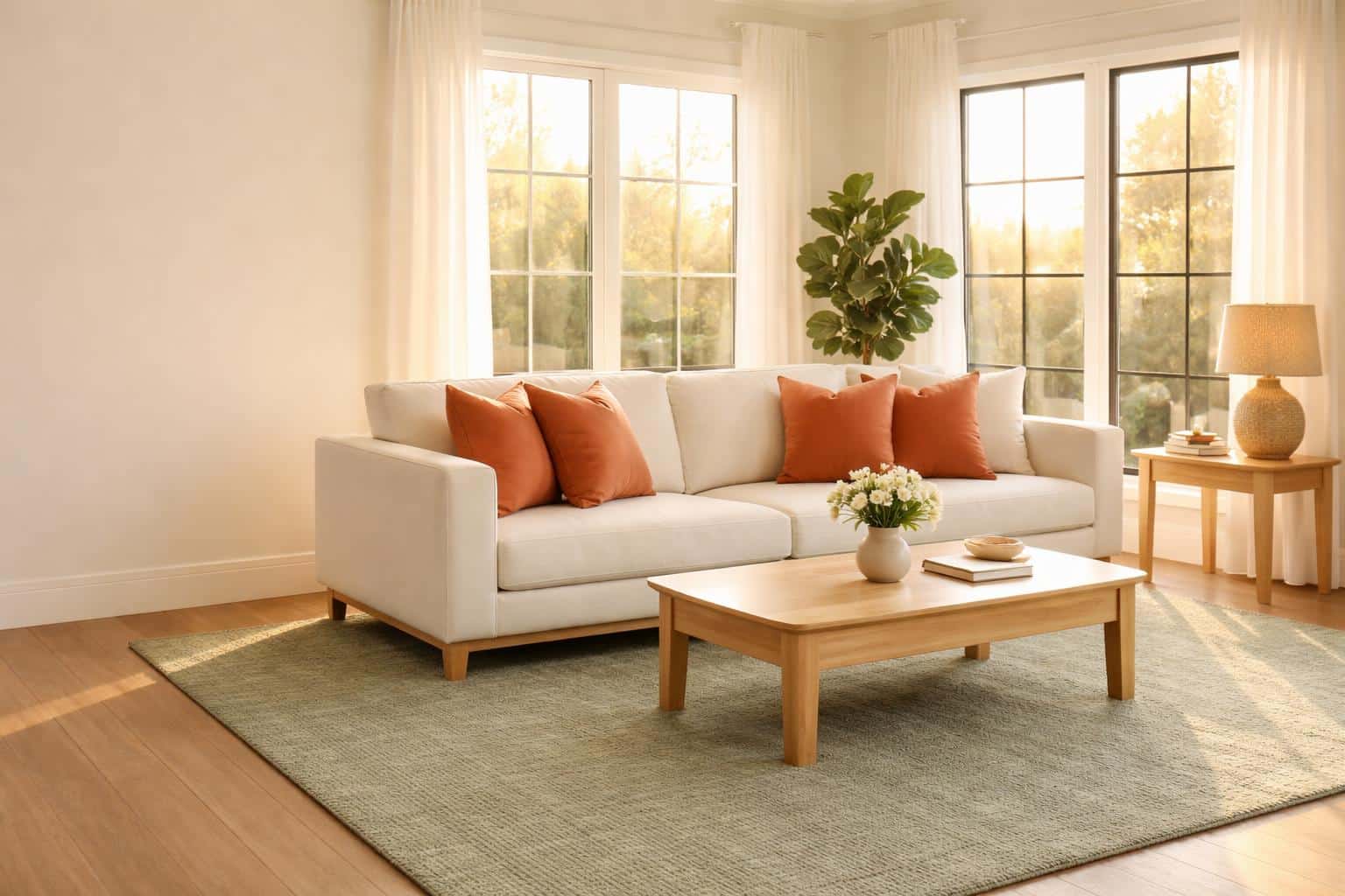 Living room shot in 3:2 with a cream sofa, sage rug, fluffed terracotta pillows and polished light-wood table bathed in golden-hour light, left negative space for text.