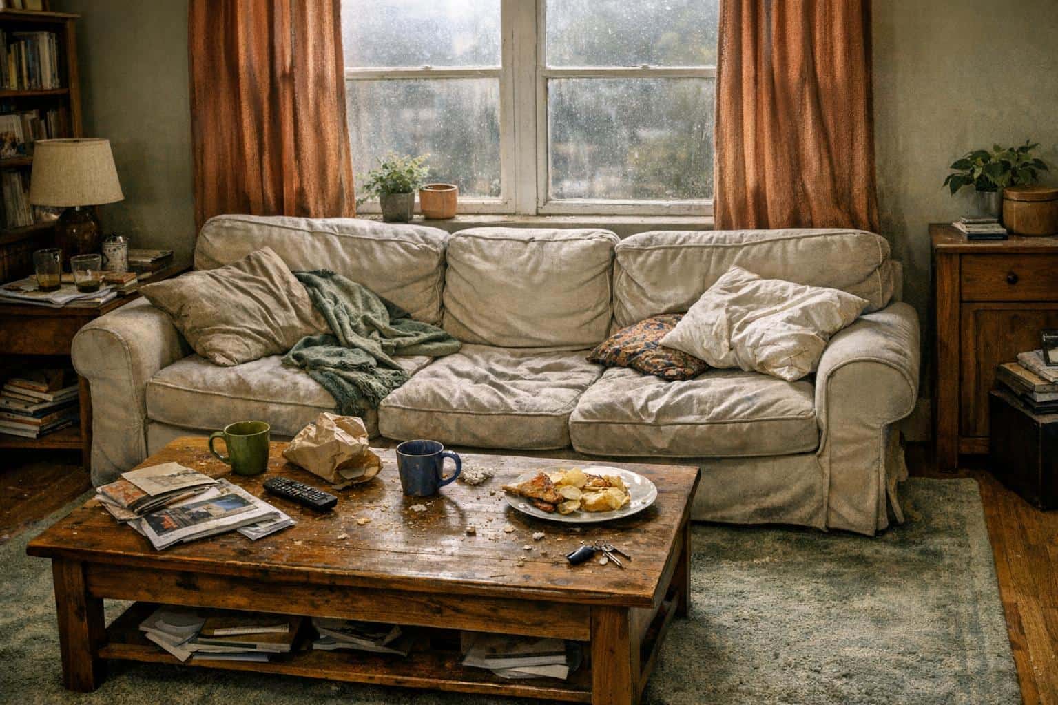 A lived-in living room in the original 3:2 composition, showing dusty terracotta curtains, smudged windows, dust rings and crumbs on the coffee table, wrinkled cushions, and foot-traffic on the sage rug.
