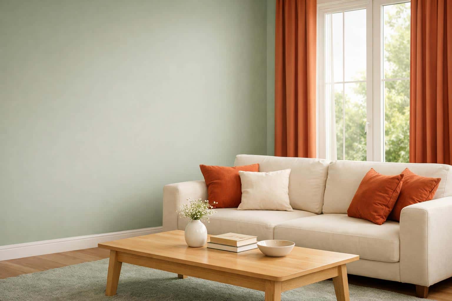 Medium-shot interior photography of a pristine living room with sage green walls, terracotta floor-to-ceiling curtains, cream sofa, light wood table and calm negative space on the left for text overlay.