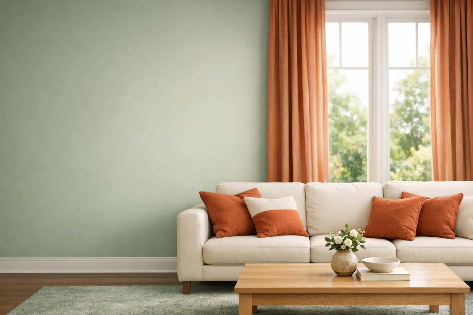 Pristine living room medium shot with sage-green walls, terracotta floor-to-ceiling curtains framing large windows, cream sofa, light-wood table, calm serene mood.